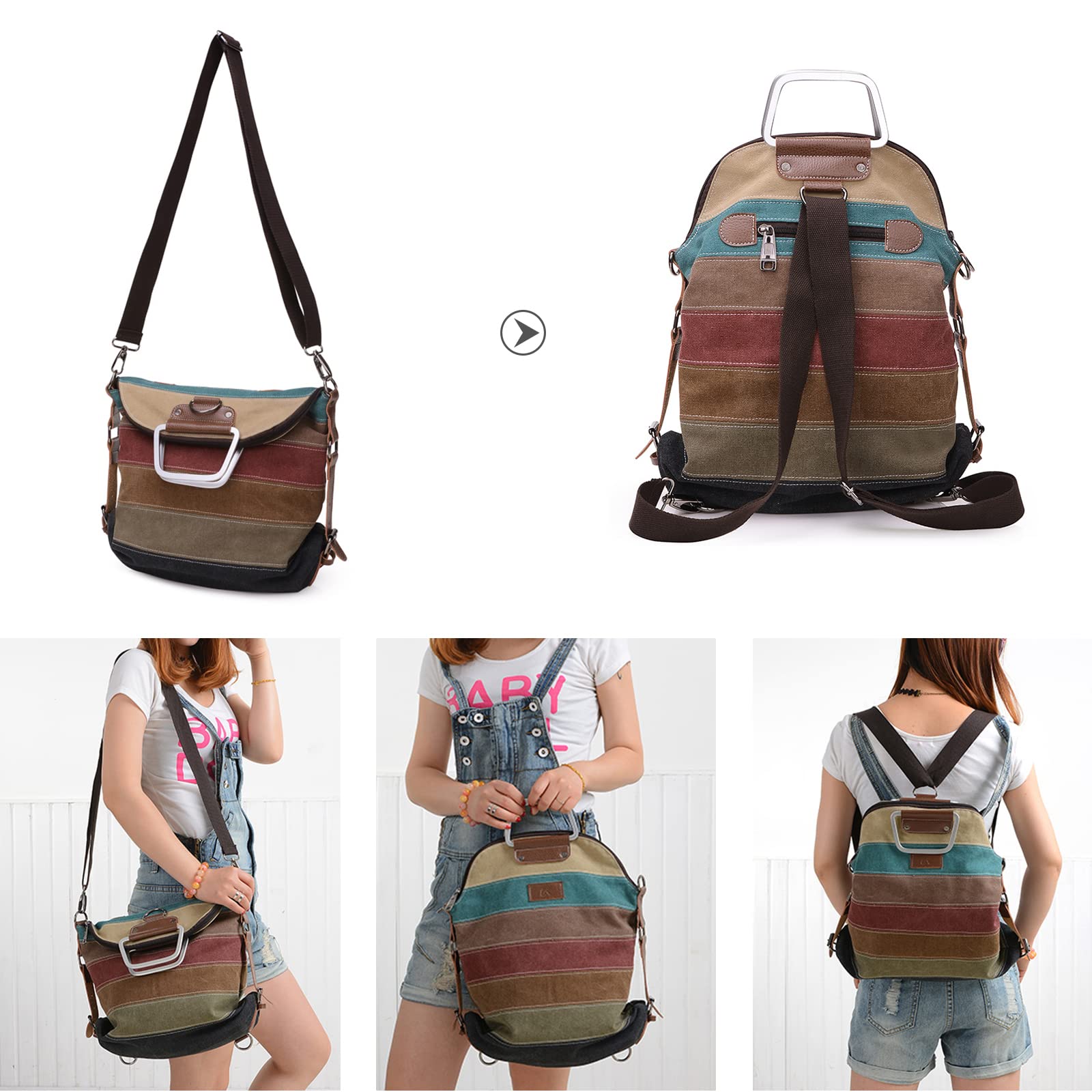 Casual Mochila Bolso Bandolera de Lona Multicolor Rayas Bolso de Hombro Señora Bolso de Mano para Viajes Escolares Trabajo Uso Diario Rojo