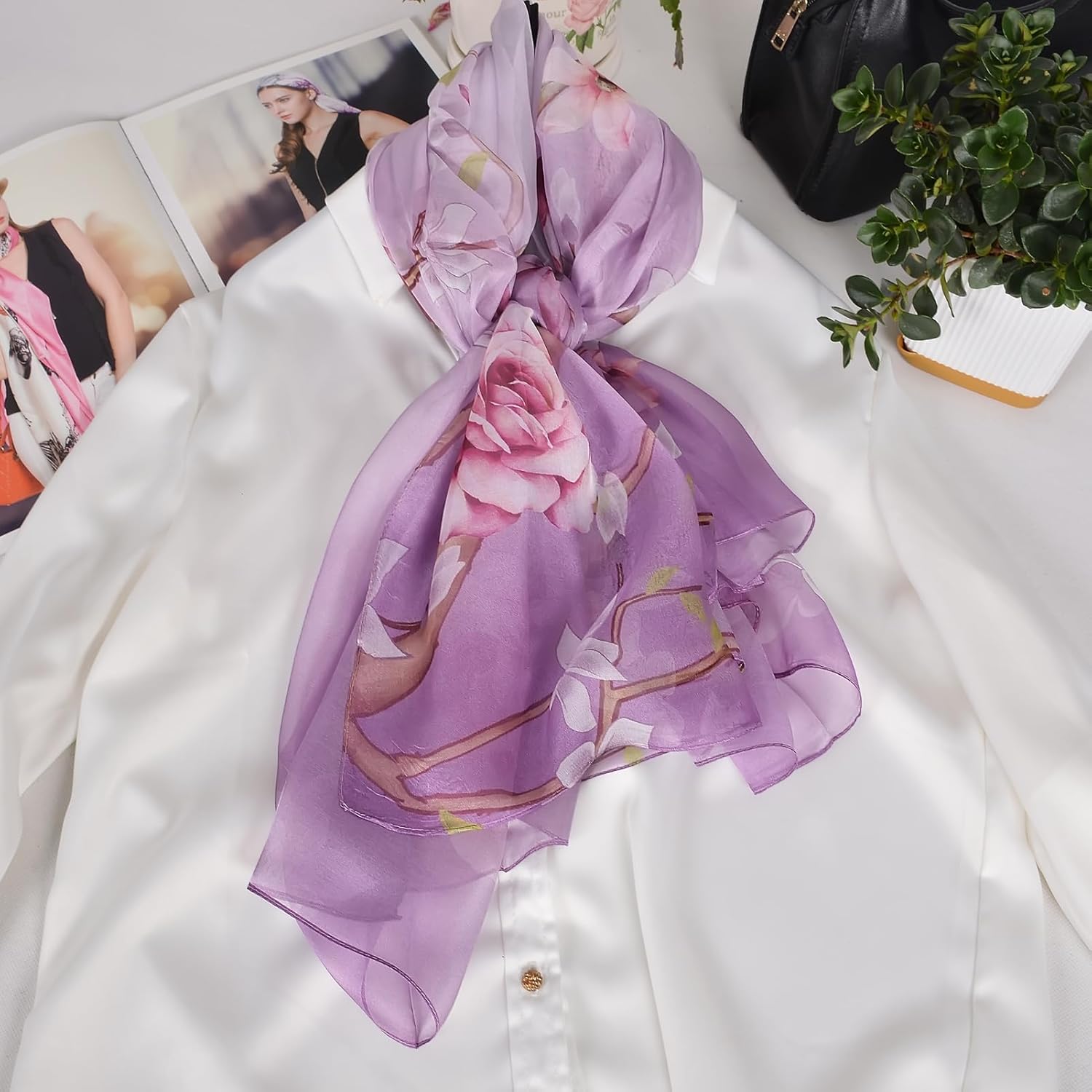 100% Mulberry Silk Women's Neck Silk Scarf-Lightweight Shawl,FLoral Print Beach Silk Wrap-Scarves for Photography - Image 4