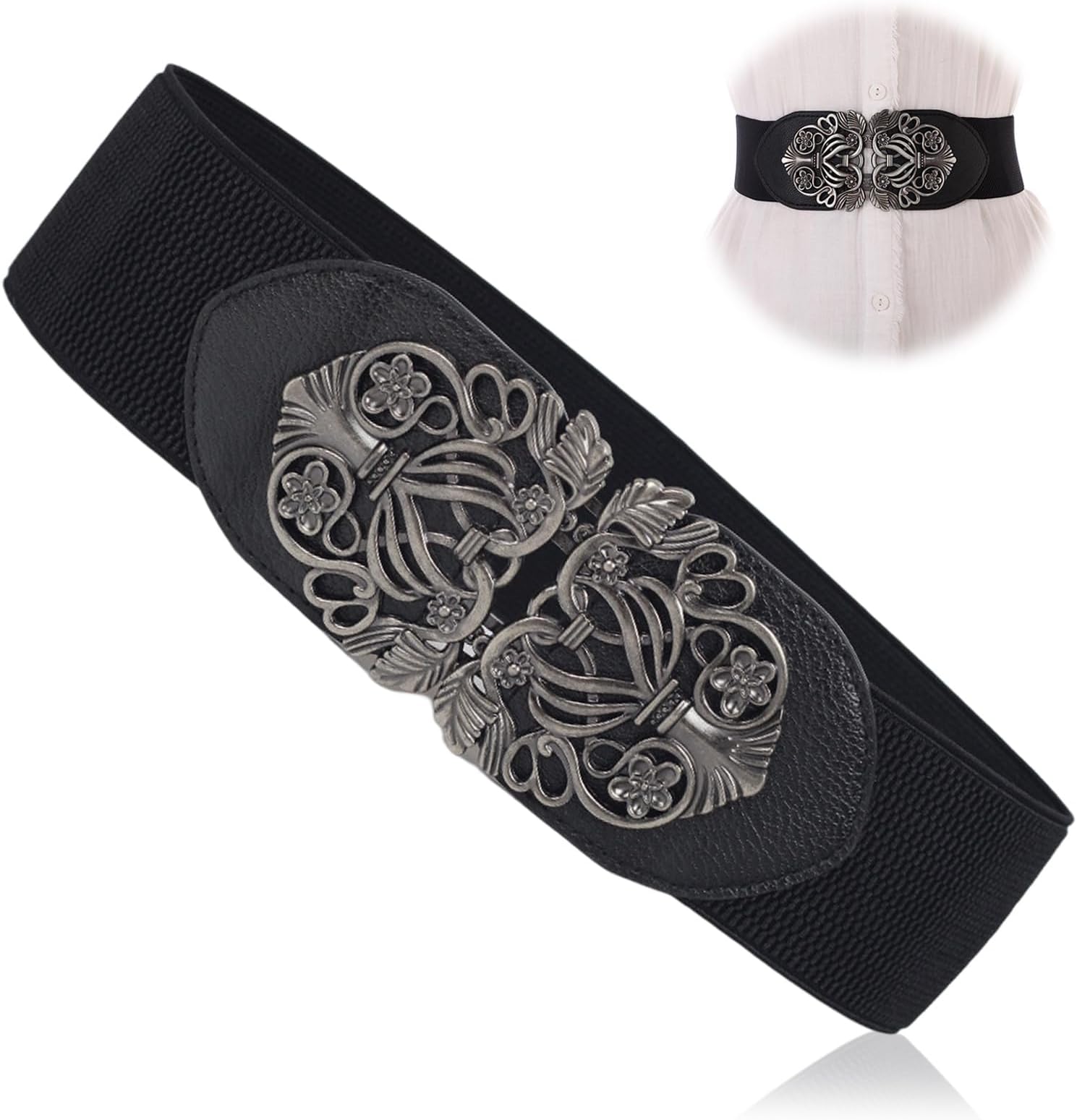 MmgoqqtWomen Elastic Waist Belt, Elasticated Belt for Women, Vintage Wide Stretch Waist Belt, Ladies Retro Dress Belt Stretchy Waistband for Dress Coat with Metal Buckle, Black