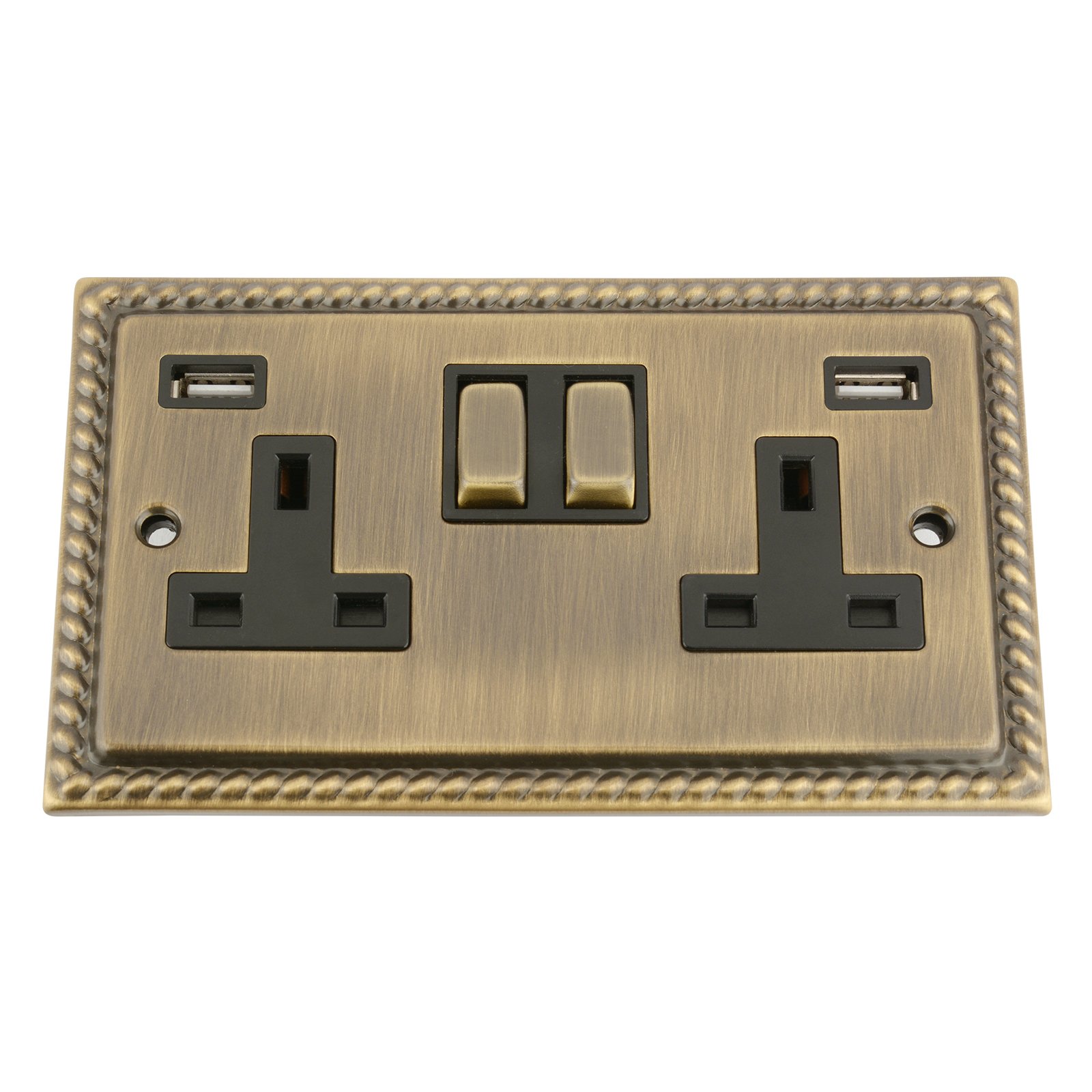 A5 Products Antique Brass With Black Surround Antique Brass Georgian Usb Socket 2 Gang Black Insert Metal Rocker Switch (3100Ma)