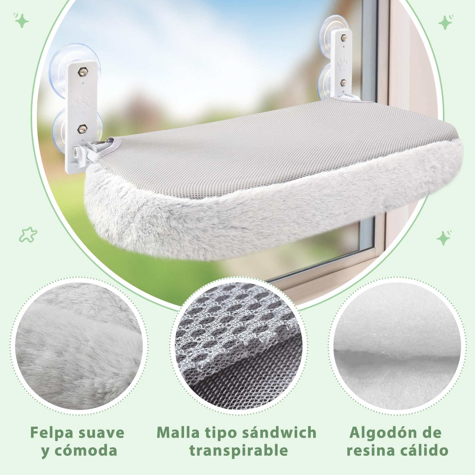 GUUSII HOME Hamaca Cama Gato Ventana Hamacas Colgante Plegable Amaca con Ventosa Gatos Grande Cálido Camita Alfombra Reversible de Interior Fácil de Instalar 53 * 30cm Soporta hasta 18kg