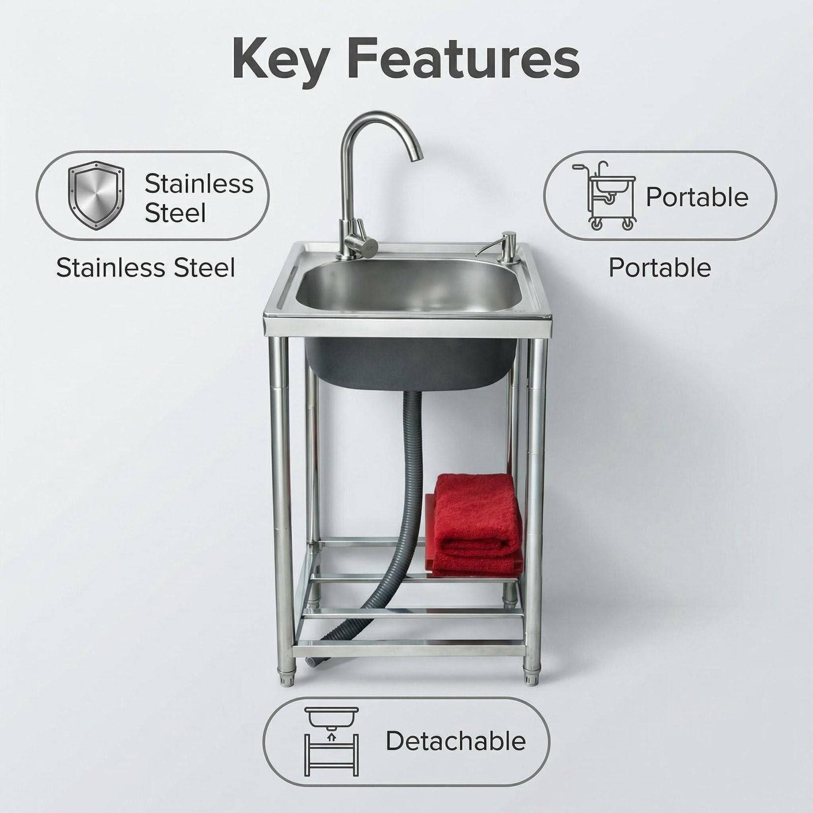 Lavello in Cucina Acciaio Inox Autoportante 42x37x82cm 1 Vasca Mobile Interno e Esterno Vasca singola Lavandino Commerciale per lavanderia, bar, garage o ristorante,Facile Da Pulir
