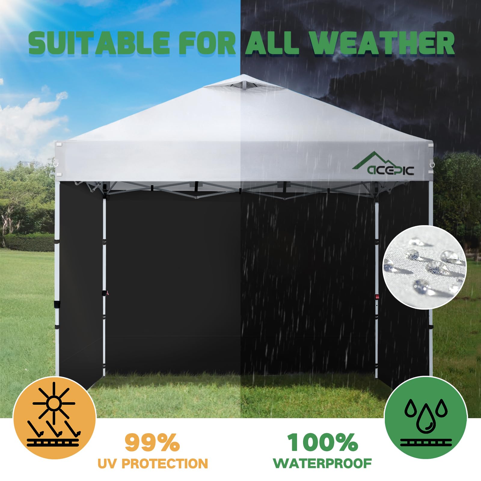 Acepic 3 Pezzi Pannelli Laterali per Gazebo 3x3m, Tessuto Oxford 210D Impermeabile, da Giardino, Esterni, Feste, Bianco(Tenda a baldacchino NON inclusa) (Nero, 3PCS)