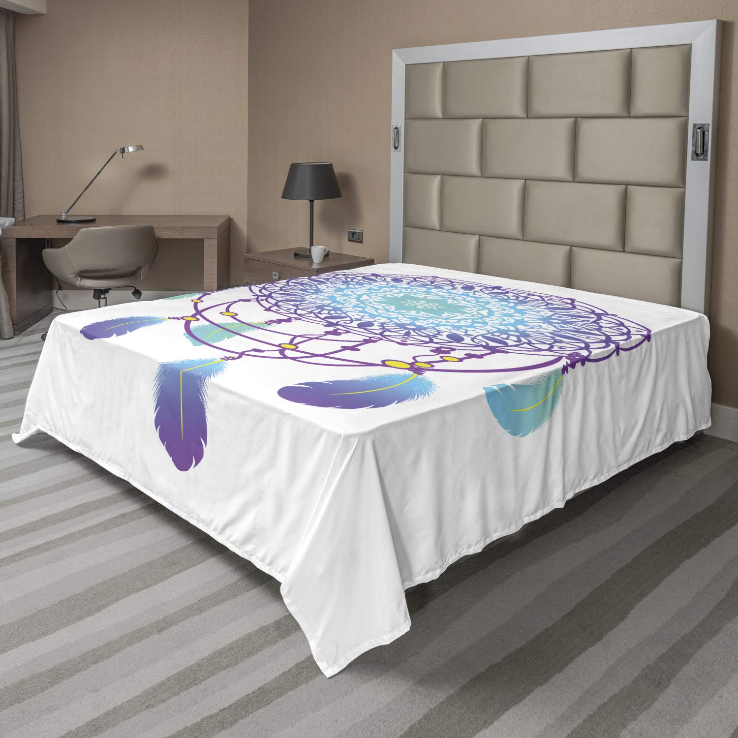 Ambesonne Blue Mandala Flat Sheet, Dreamcatcher with Feathers and Mandala Hippie, Soft Comfortable Top Sheet Decorative Bedding 1 Piece, California King, Purple Aqua and Yellow