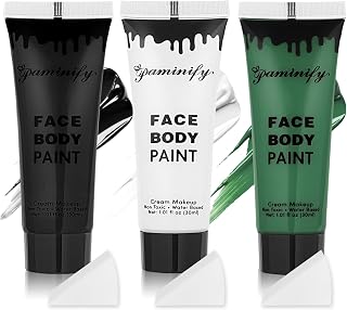 Black White Green Face Body Paint 1.01 oz/pc with 3 Sponges,Water Based Dark Green Face Painting Cosplay Kit, Elphaba Hunting Hulk Halloween SFX Witch Makeup Cream Face Paint,3 oz