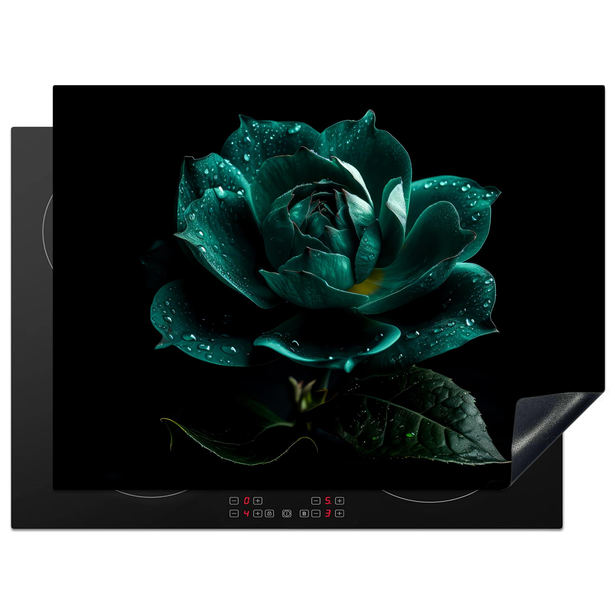KitchenYeah© Induction Hob Protector Mat 20.5"x27.6" / 70x52 cm Stove Cap Top Cover Kitchen Cooker Covers for Electric Hobs Vinyl Flowers - Roses - Blue - Portrait - Black