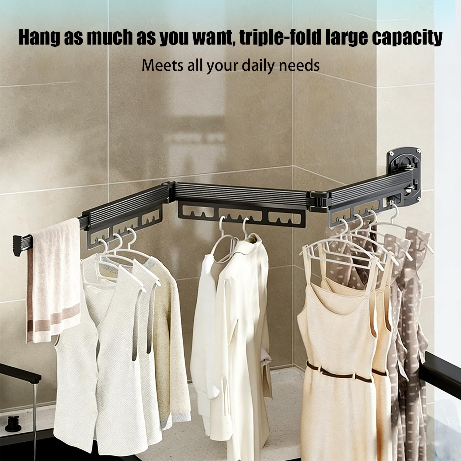 Retractable Wall-Mounted Clothes Airer, Three Tier Folding Clothes Airer, Free Rotatable Folding, Space-Saving, with Extendable Bar, Suitable for Balcony, Laundry Room, Bathroom, Super Strong Load