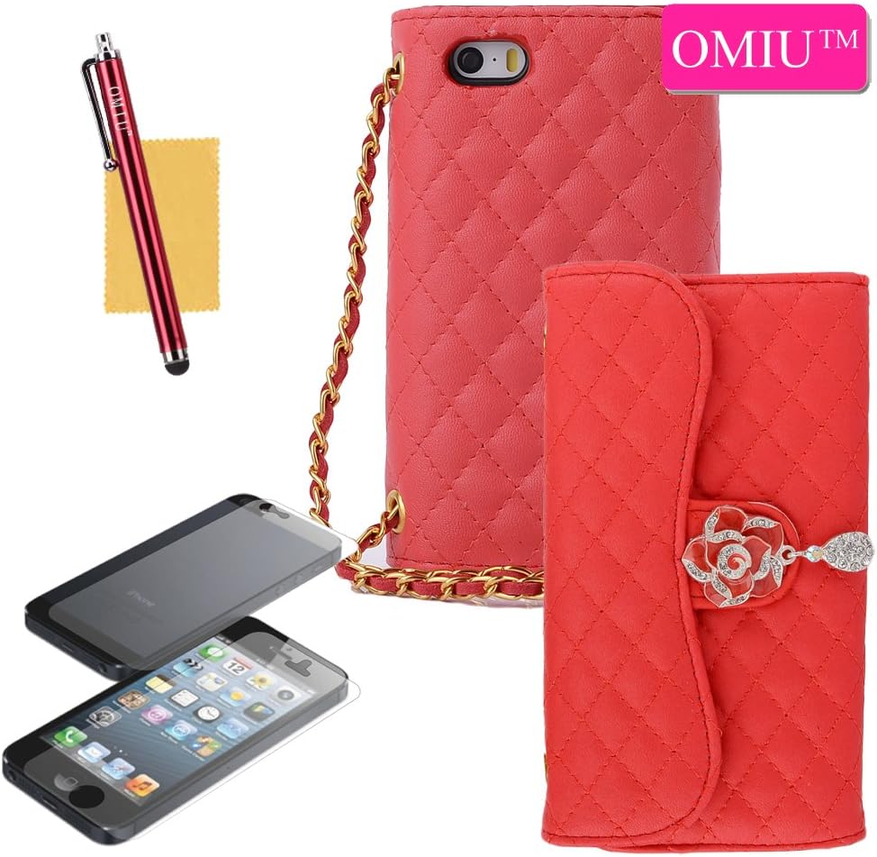 iPhone 5S Case ,iPhone 5 Case ,OMIU(TM)Deluxe Superior Soft Grid PU Leather Lady Style Handbag Clutch Wallet Crystal Camellia Pendant Pattern Case Cover with Credit Card Slots For Apple iPhone 5 5G 5S(Red),Sent Screen Protector+Stylus+Cleaning Cloth