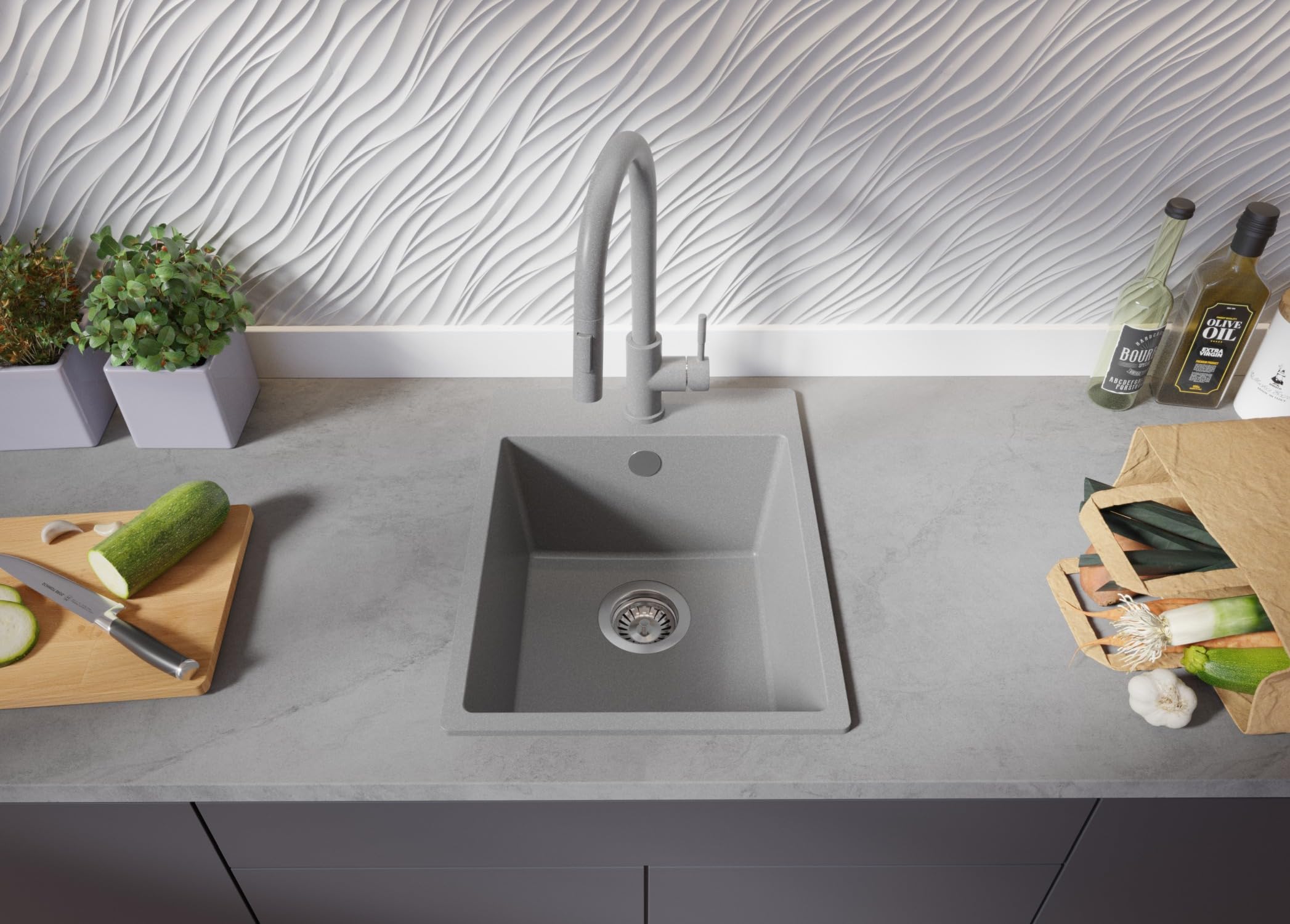PRIMAGRAN Granitspüle Grau - Riga, 38x50cm | Spülbecken 1 Becken + Küchenarmatur 32x20cm + Zuberhor-Set, Küchenspüle ab 40er Unterschrank (S049)