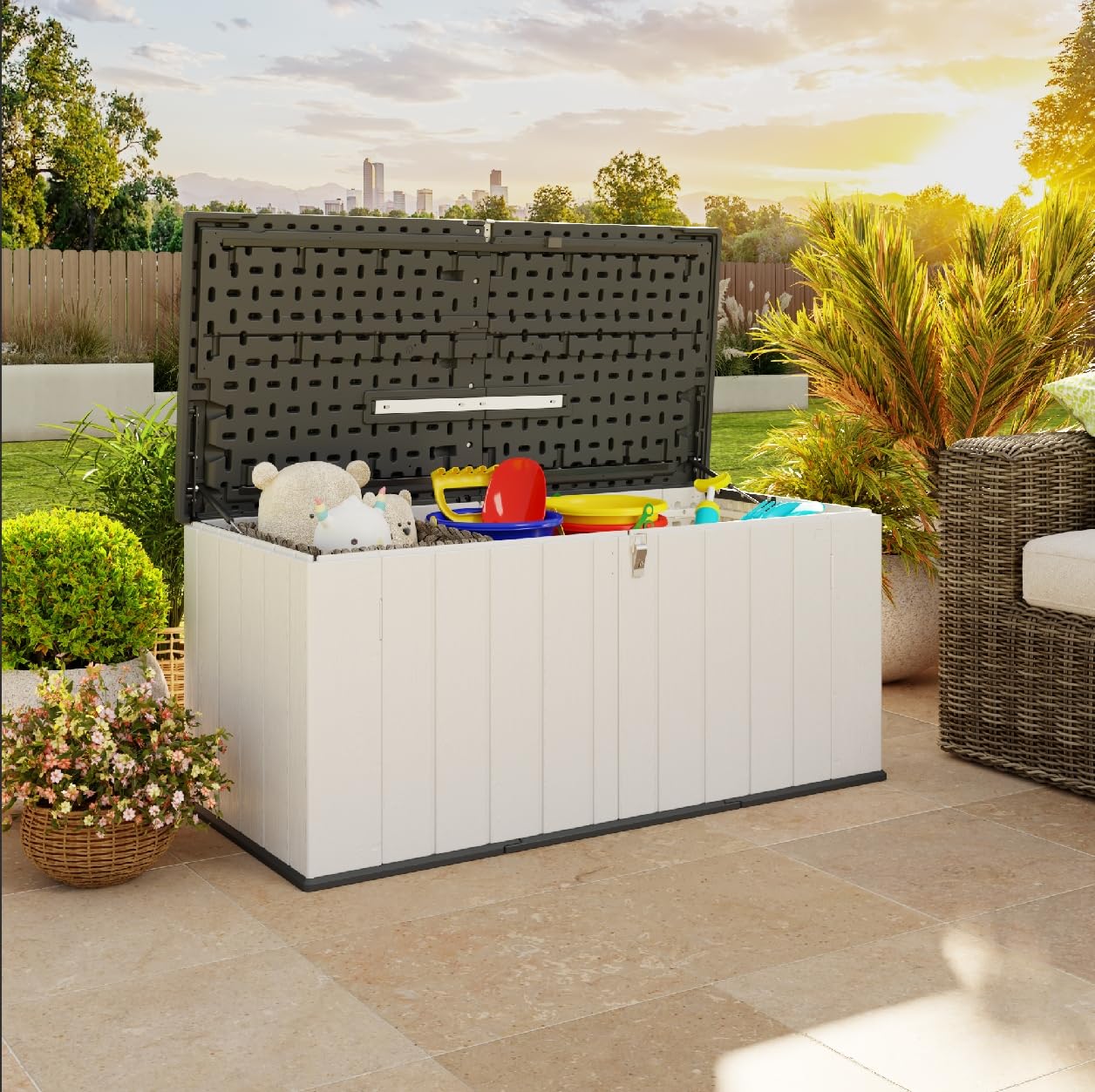 Garden Storage Box,600L Waterproof Resin Deck Box Bench with Lockable Lid & Handles,Outdoor Storage Box for Cushion Tool Toy and Pool Accessories(White)