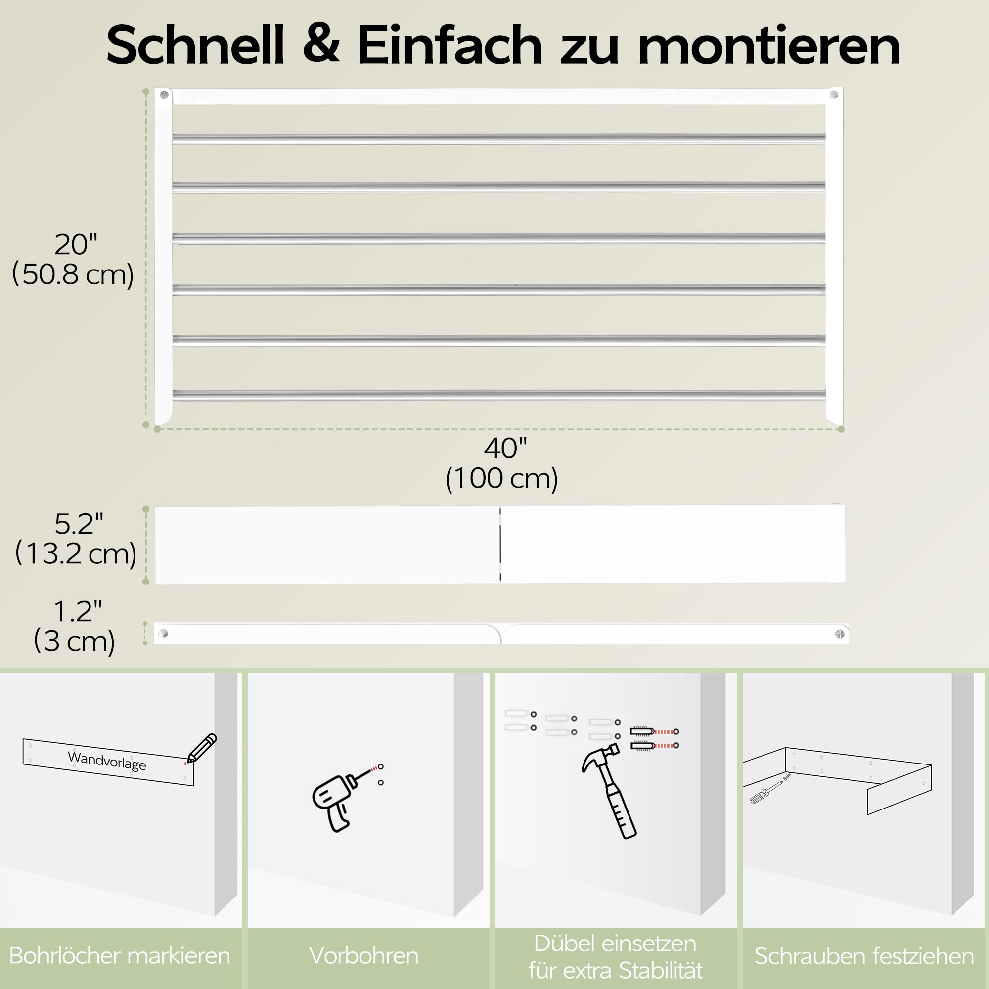 Vikaqi Wäscheständer zur Wandmontage, 101,6 cm, faltbar, Wandhalterung, Wäscheständer, zusammenklappbar, versteckter Platzsparer mit Wandschablone, 6 Stangen, Weiß