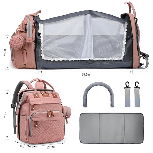 Miniatura 6 de Mochila para pañales con cambiador, mochila grande para pañales de viaje impermeable con puerto de carga USB, Rosado, Moderno