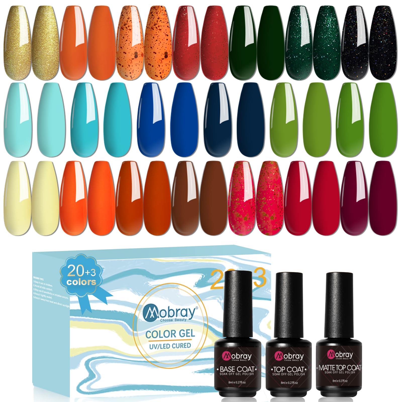 Mobray 23 Pcs Gel Nail Polish Kit, 20 Colors Gel Nail Polish Set Nail Gel Polish Set Soak Off U v Nail Gel Gift for Women (20+3set -1)