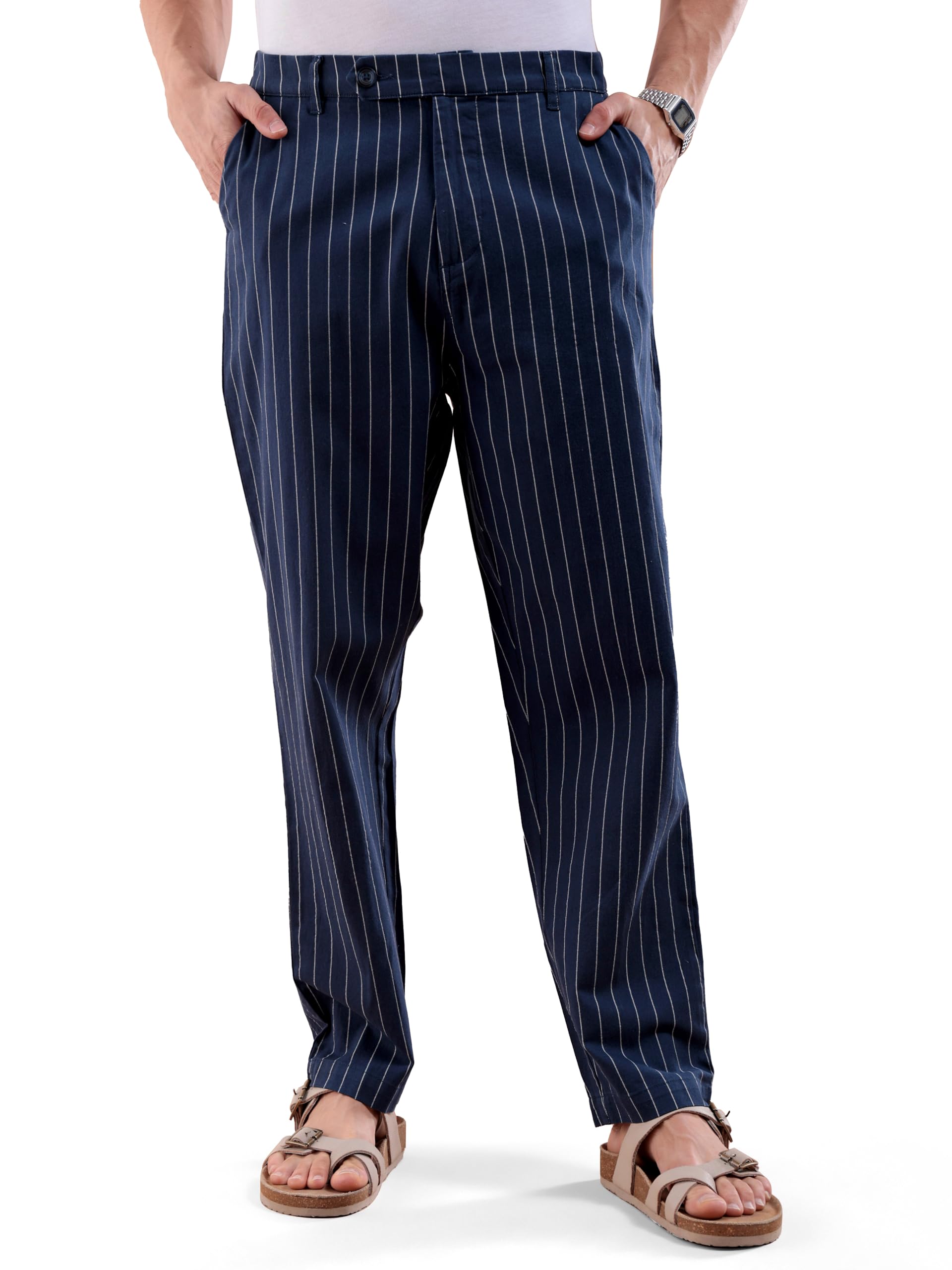 the indian garage co Men's Relaxed Fit Mid Rise Relaxed Cropped Vertical Striped Mid-Rise Trousers-picture-13