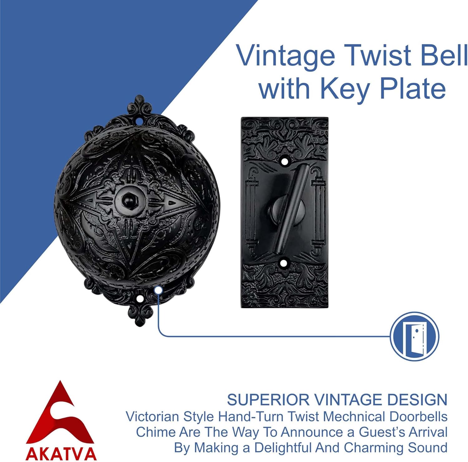 Akatva Vintage Twist Bell with Key Plate – Ring Chime – Doorbell Chime - Mechanical Doorbell – Ring Doorbell – Brass Twist Calling Bell – Hand Turn Doorbell - Old Fashioned Door Bell - Antique Black