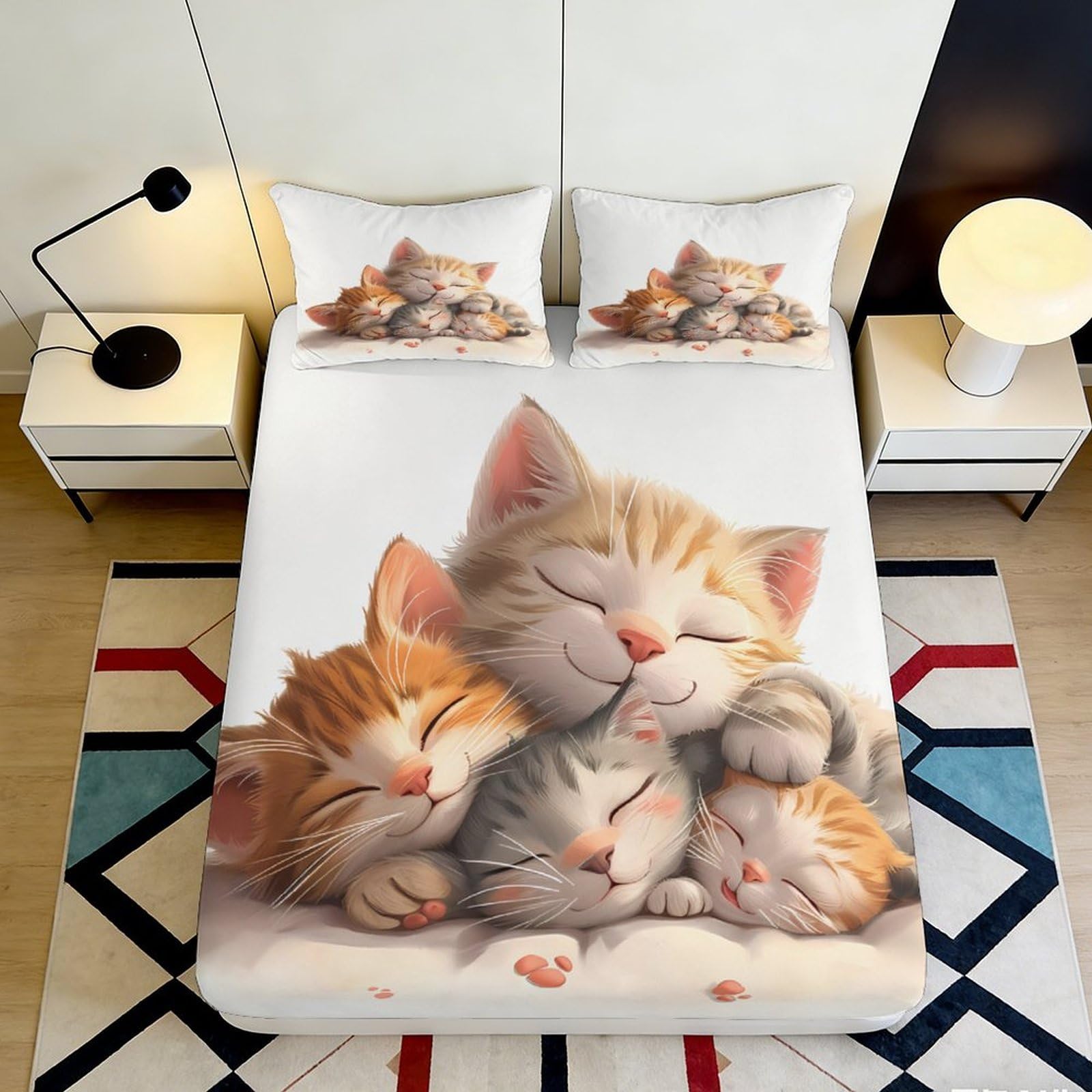 3D Printed Cute Sleeping Cat Fitted Sheet Microfiber Soft Breathable Cartoon Kitten Bed Cover for Bedroom Dorm Decor 90x200x25cm