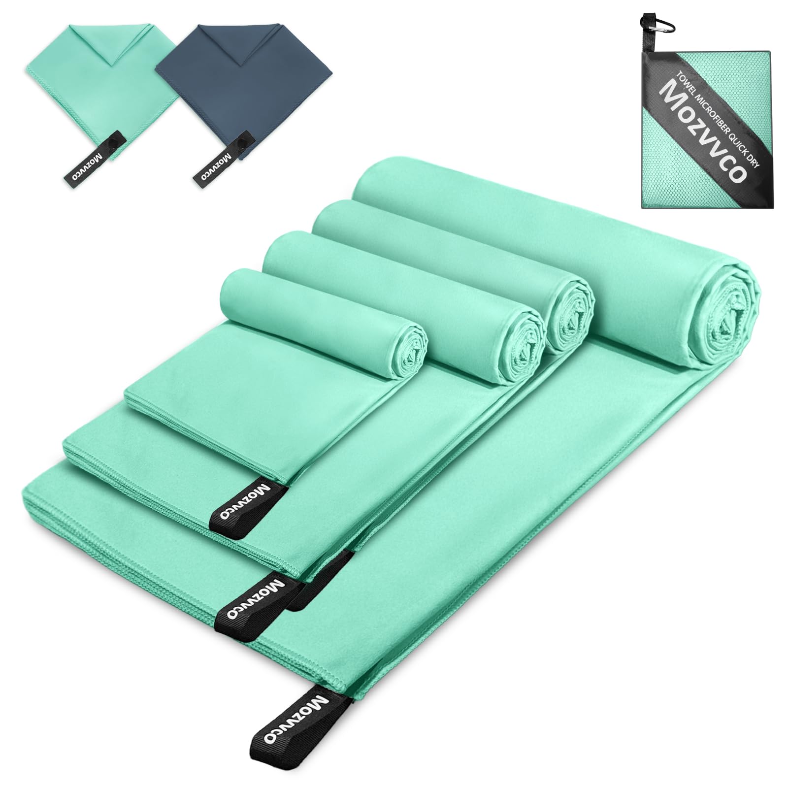 Set di 4 Asciugamano Microfibra,200x100cm+2 Pezzi 80x40cm+40x30cm Asciugamano Palestra Assorbente e Leggero per Fitness Nuoto,Telo Mare Microfibra Grande,Asciugamani Spiaggia(Verde Menta)