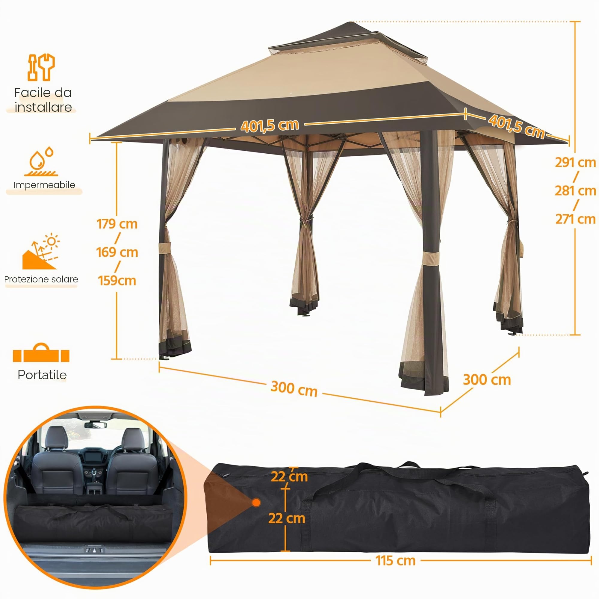 Yaheetech Gazebo da Giardino 4x4 m con Zanzariera Struttura in Metallo Doppio Tetto Kaki