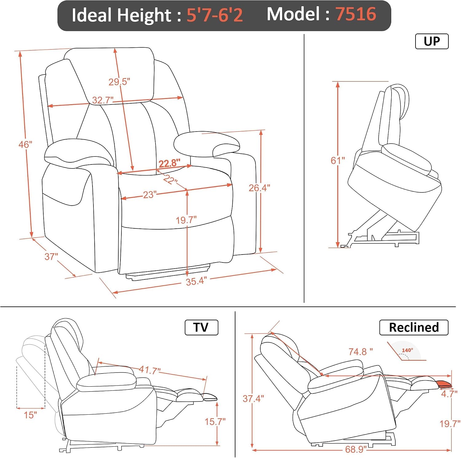 MCombo Power Lift Recliner Chair for Elderly, Lift Chair with Heat and Massage for Tall People, USB&Type C Ports, Extended Footrest, Cup Holders, Fabric 7516(Large,Carmine Red)