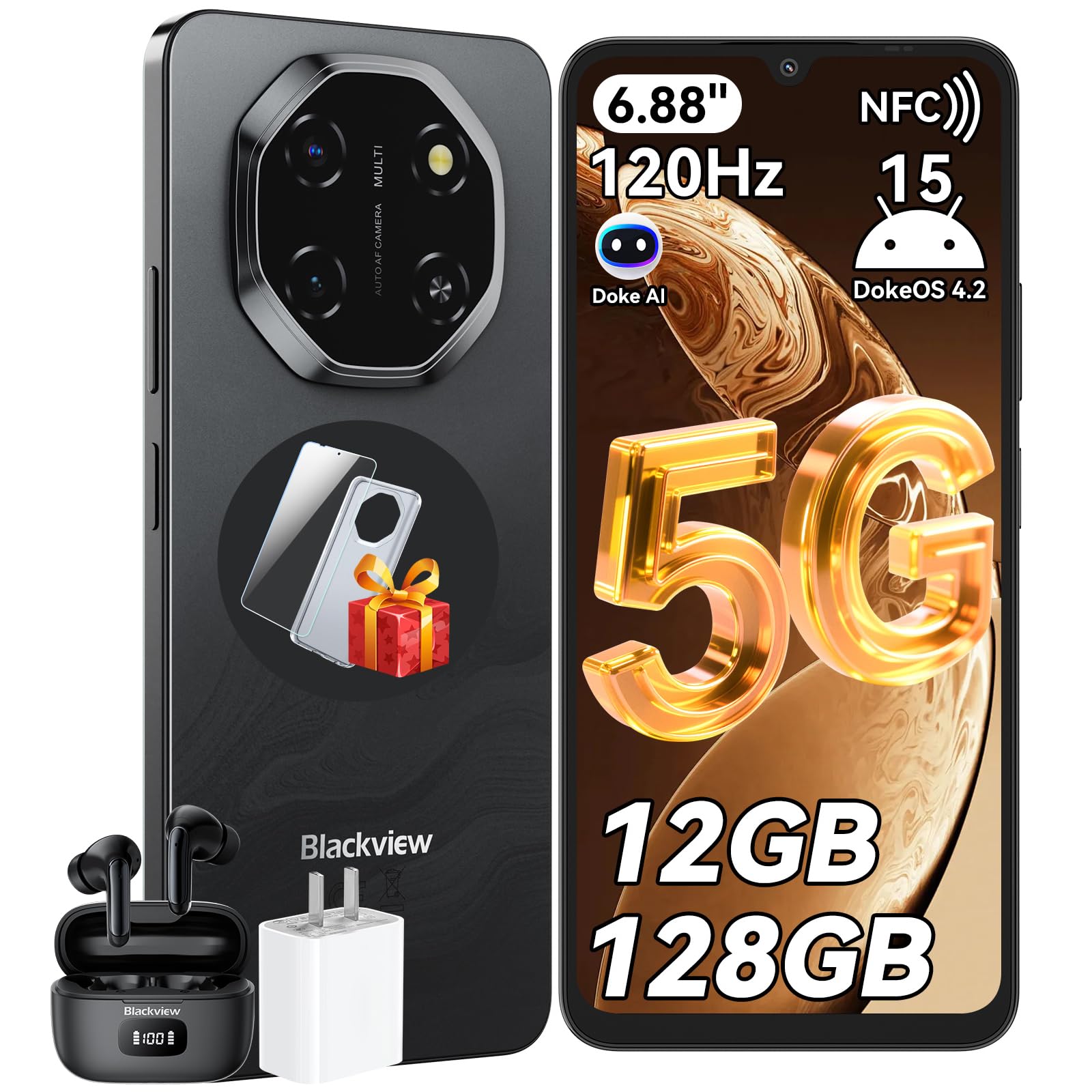 Blackview Shark 6 Smartphone 5G, Telefono Cellulare 6.88'' HD 120Hz, Android 15, Unisoc T8100, 12GB+128GB/2TB TF, 5000mAh, 16MP+8MP, 5G Dual SIM/OTG/NFC/Face ID/Fingerprint