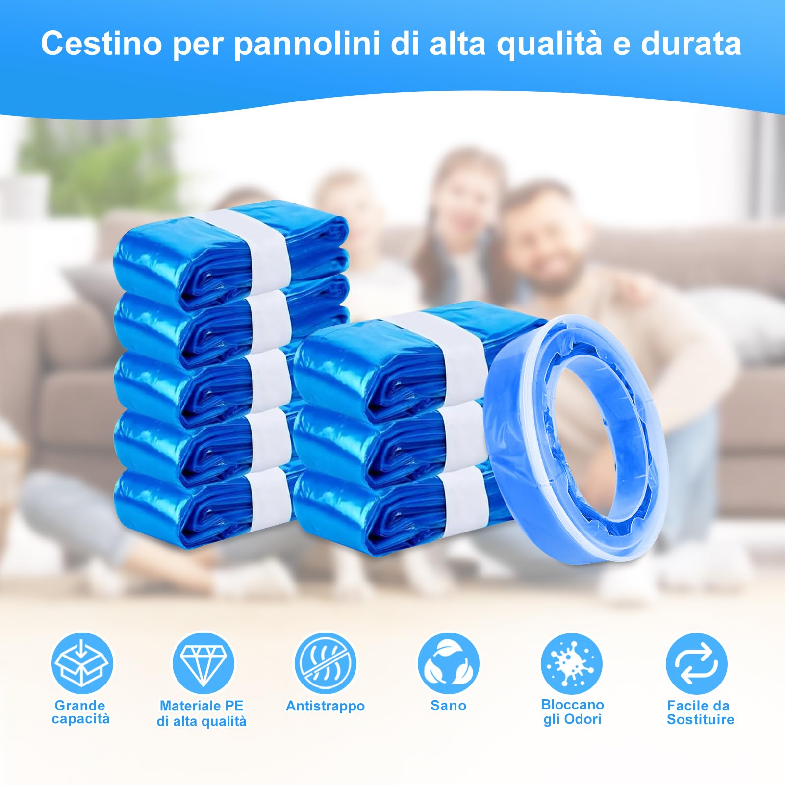 9 Pezzi Ricarica Mangiapannolini, NATNAV 4.5M Sacchetti Mangiapannolini Compatibile AngelCare, Litter Locker II,Incompatibile con Dress Up & XL,Classic XL(8 Buste & 1 Cestello di Ricarica)