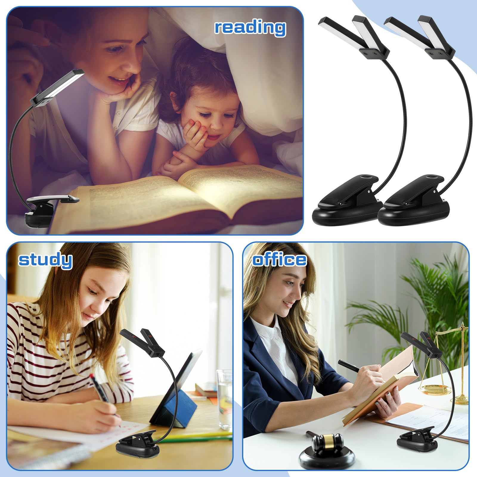 Retisee 12 Stück Notenständer-Leselicht mit zwei Köpfen, USB- und AAA-Batteriebetriebene LED-Lichter im Bett, 3 Helligkeitsstufen, ideal für Musiker, Klavierspieler, AAA-Batterie nicht im Lieferumfang
