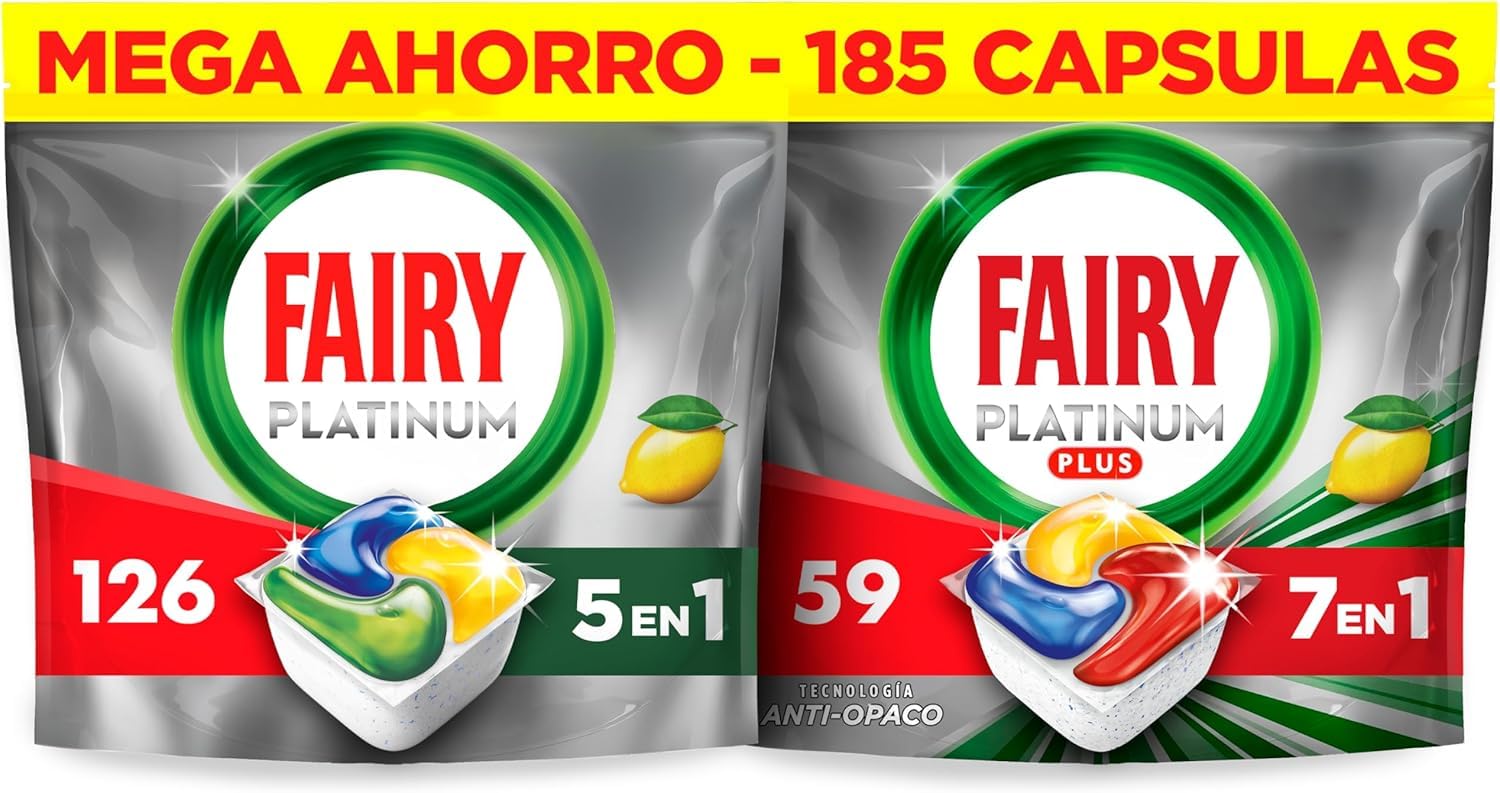 Fairy Platinum Limón, Cápsulas De Lavavajillas Todo En Uno, 126 Cápsulas + Fairy Platinum Plus 59 Cápsulas,Para Los Restos Más Difíciles,Limpia Incluso La Grasa De Los Filtro(El embalaje puede variar)