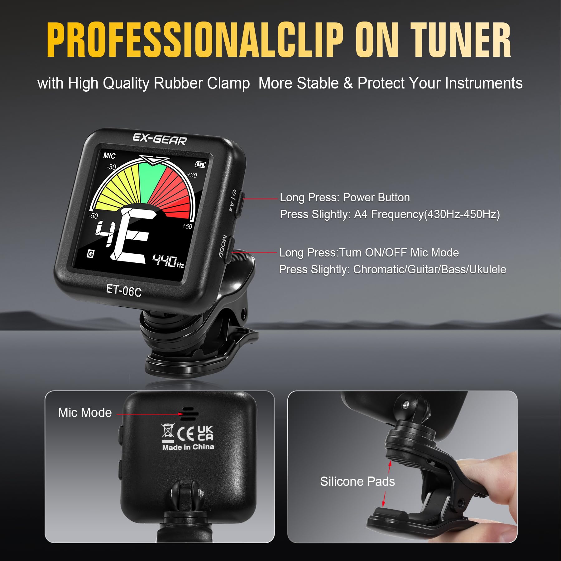 Afinador de guitarra profesional con clip, giratorio de 360° recargable, afinador de guitarra acústica con pantalla LCD grande, afinación rápida y precisa para guitarra, violín, bajo, ukelele