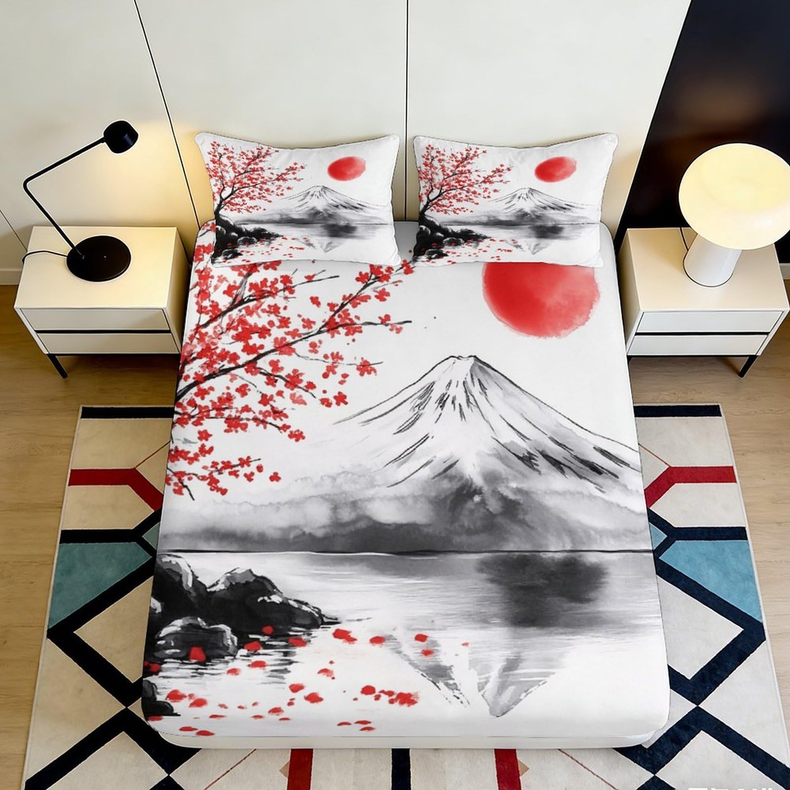 3D Printed Japanese Red Sun Fitted Sheet Microfiber Mountain Sakura Mattress Cover for Bedroom Guest Room Easy Care 90x200x25cm