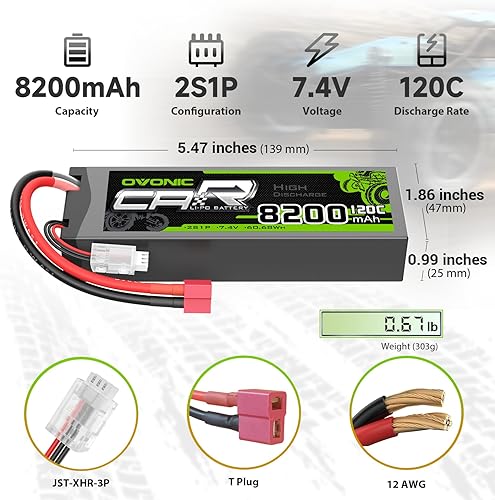 Miniatura 2 de OVONIC 2S Lipo Batería 7.4V 8200mAh 120C Lipo con conector T (paquete de 2)