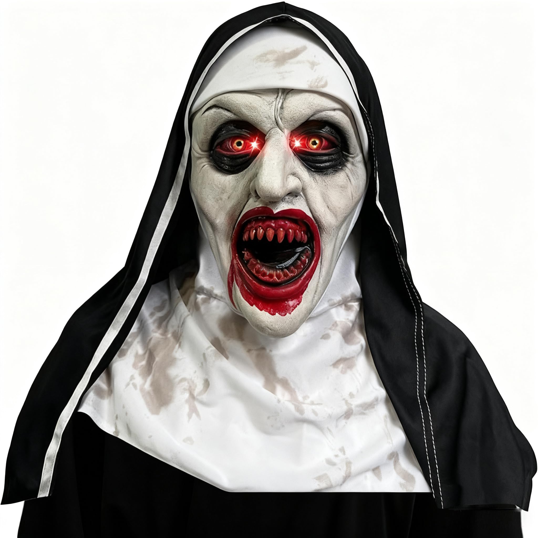 JOYTIX®Máscara de Monja Maldita LED con Capucha - Máscara Terrorífica Halloween Ojos Rojos Látex/Poliéster - Disfraz de Miedo para Noches de Horror