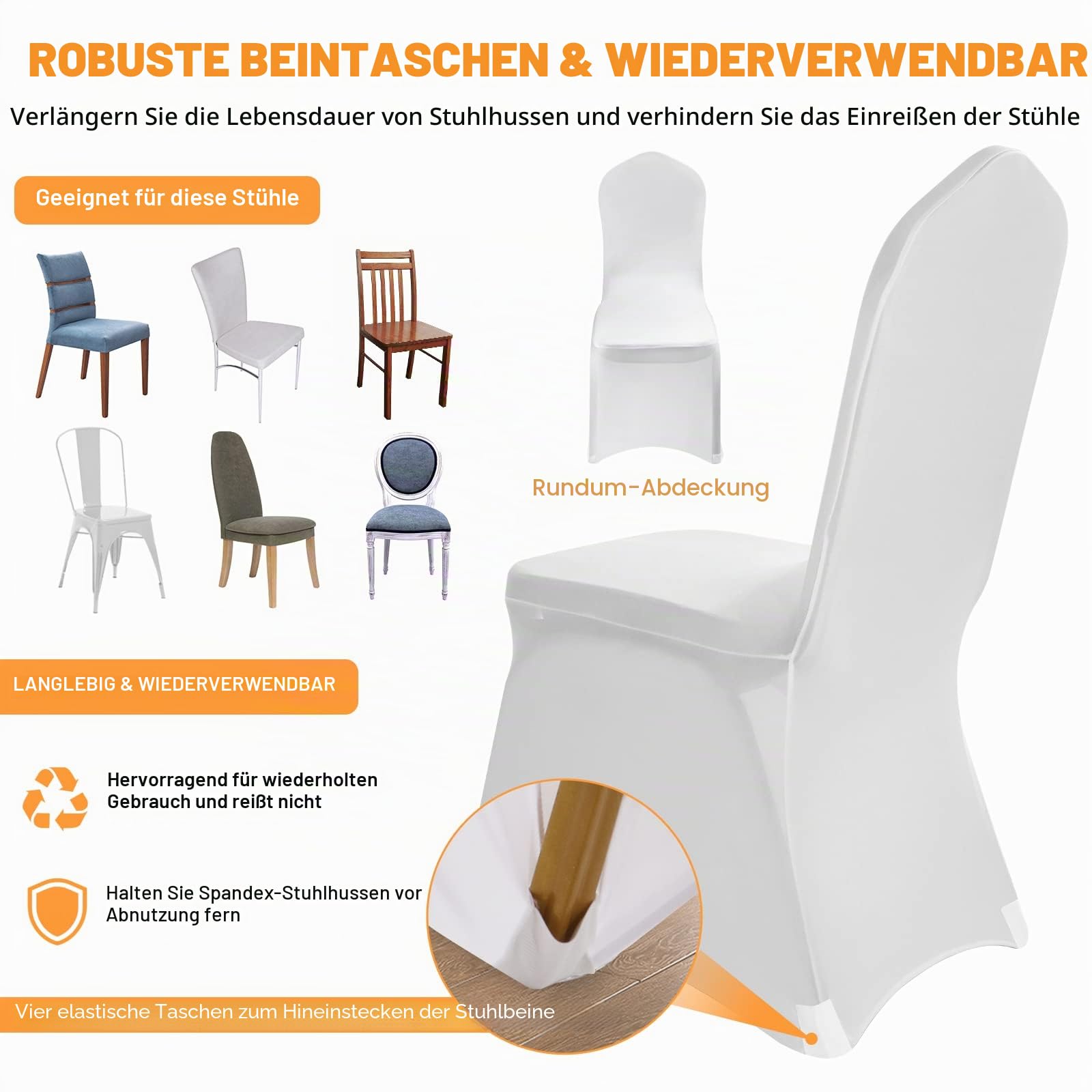 VELPAX Stuhlhussen 50 Stück, Universell Stuhlhussen Weiß Polyester, Elegante Stuhl Stuhlbezüge Elasthan Spandex Waschbarer für Taufe Geburtstag Hochzeit Bankett Dekoration