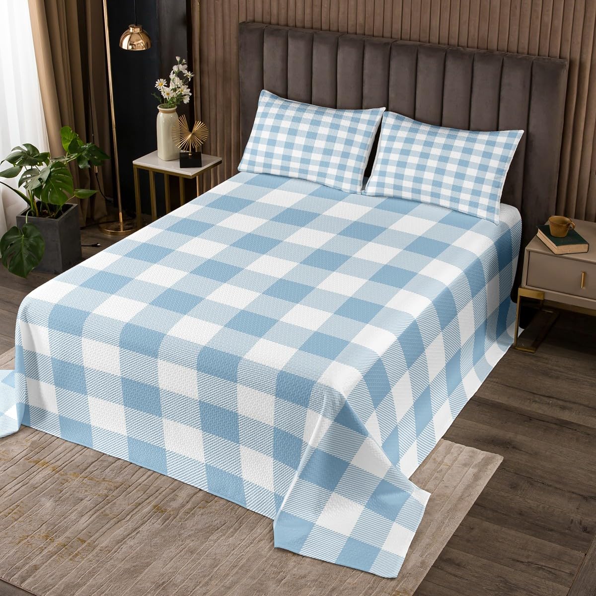 Erosebridal White and Blue Checkered Quilt Set King Simple Plaid Bedspread Set for Boys Girls Geometric Buffalo Plaid Bedspread Sets Boho Aesthetic Checkerboard Coverlet Set Modern Room Decor