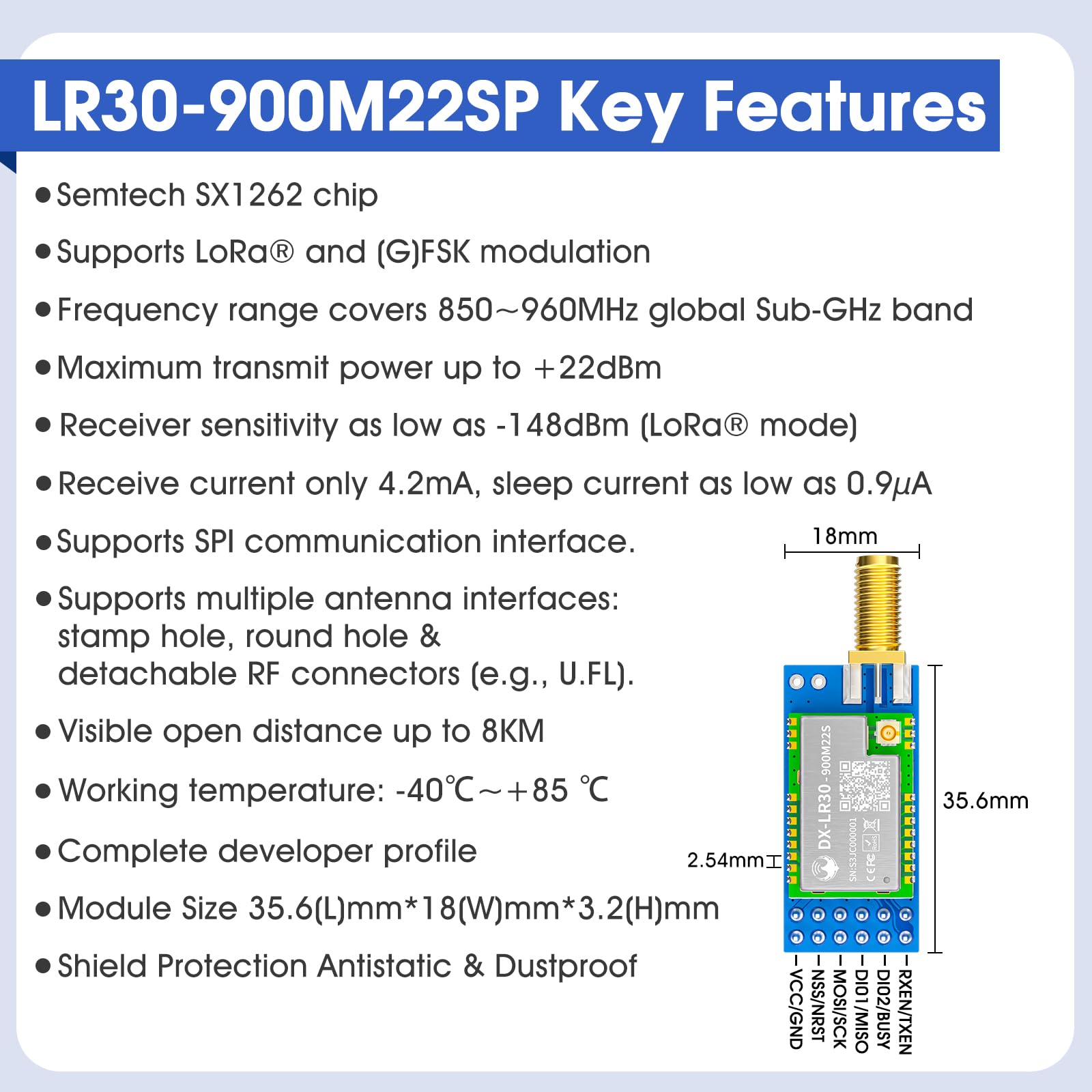 SX1262 LoRa Module Developer Set DX-LR30 850~930MHz 868/915Mhz 22dBm 8km Range 5V UART GPIO ISM Band LoRa RF Module (DX-LR30-900M22S)