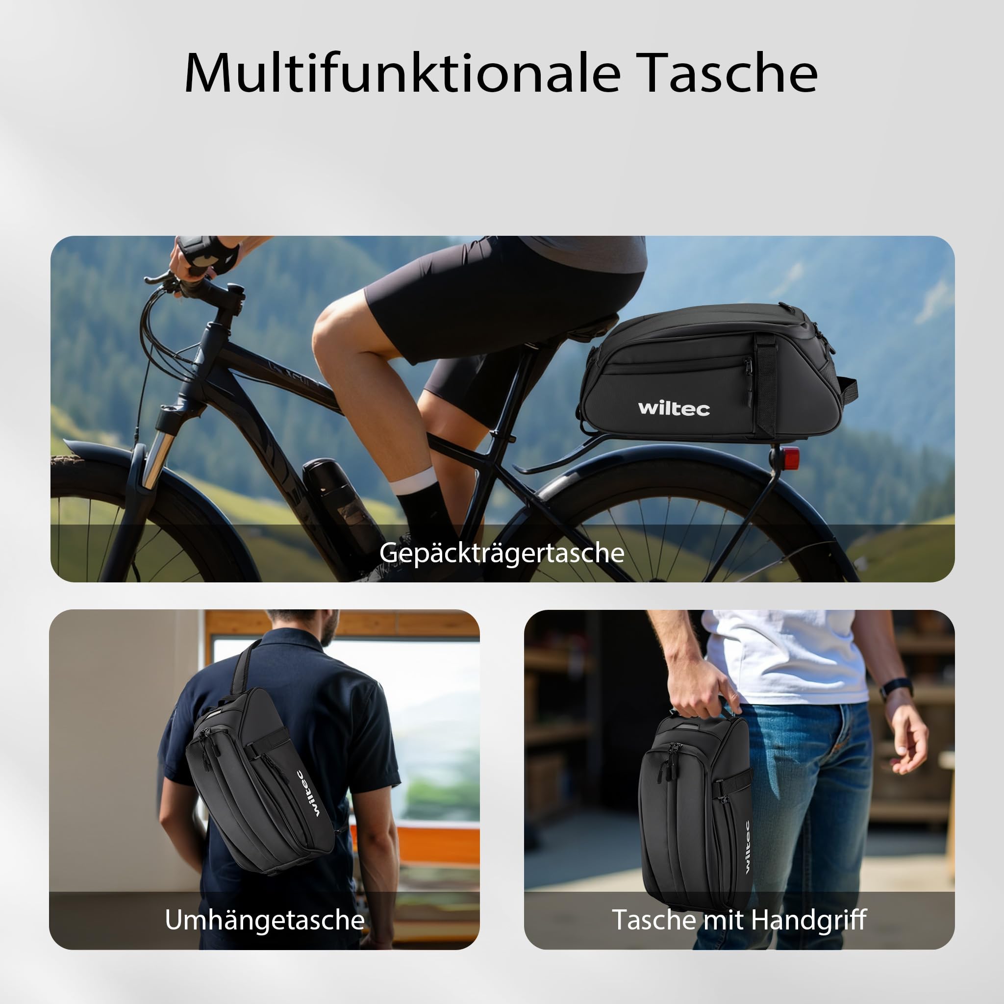 Wiltec Gepäckträgertasche schwarz, Fahrradtasche Gepäckträger 8 l Stauraum, Gepäcktasche mit Tragegurt, Fahrrad Tasche wasserresistent mit Reflektoren