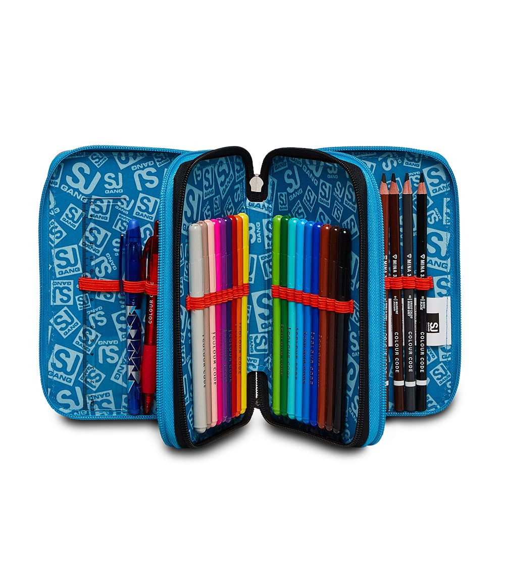 SJ Federmäppchen, Mäppchen, mehrfarbig, Federtasche für Schreibwaren, Etui mit Stiften, Kugelschreiber, & mehr, 3 Fächer, Mädchen & Jungen, Schule - Grundschule, XXL, blau