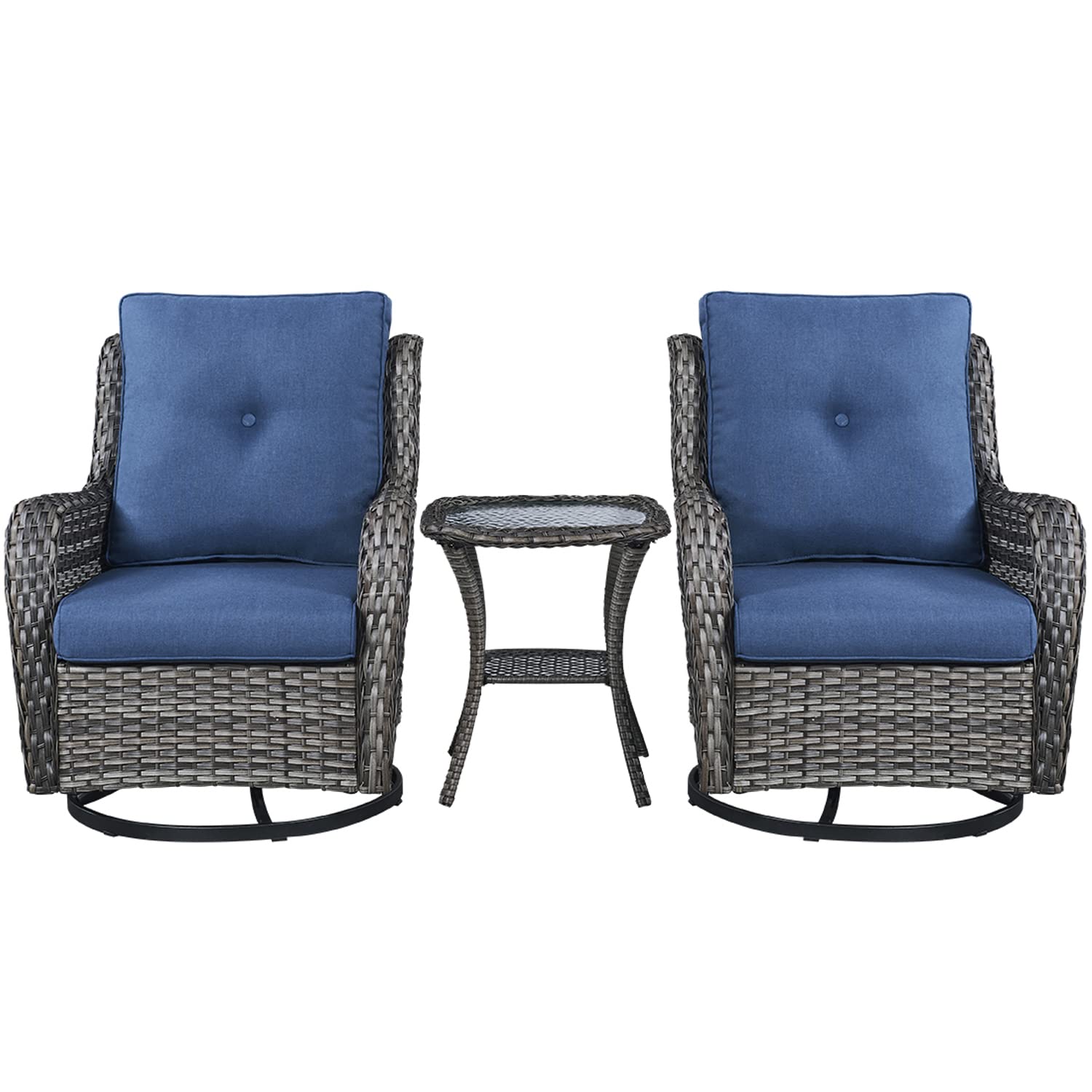 Rilyson Wicker Rocking Chair Swivel Chairs - 3 Piece Rocker Patio Furniture Set Rattan Rocking Bistro Sets with Glass Top Side Table for Outdoor Porch
