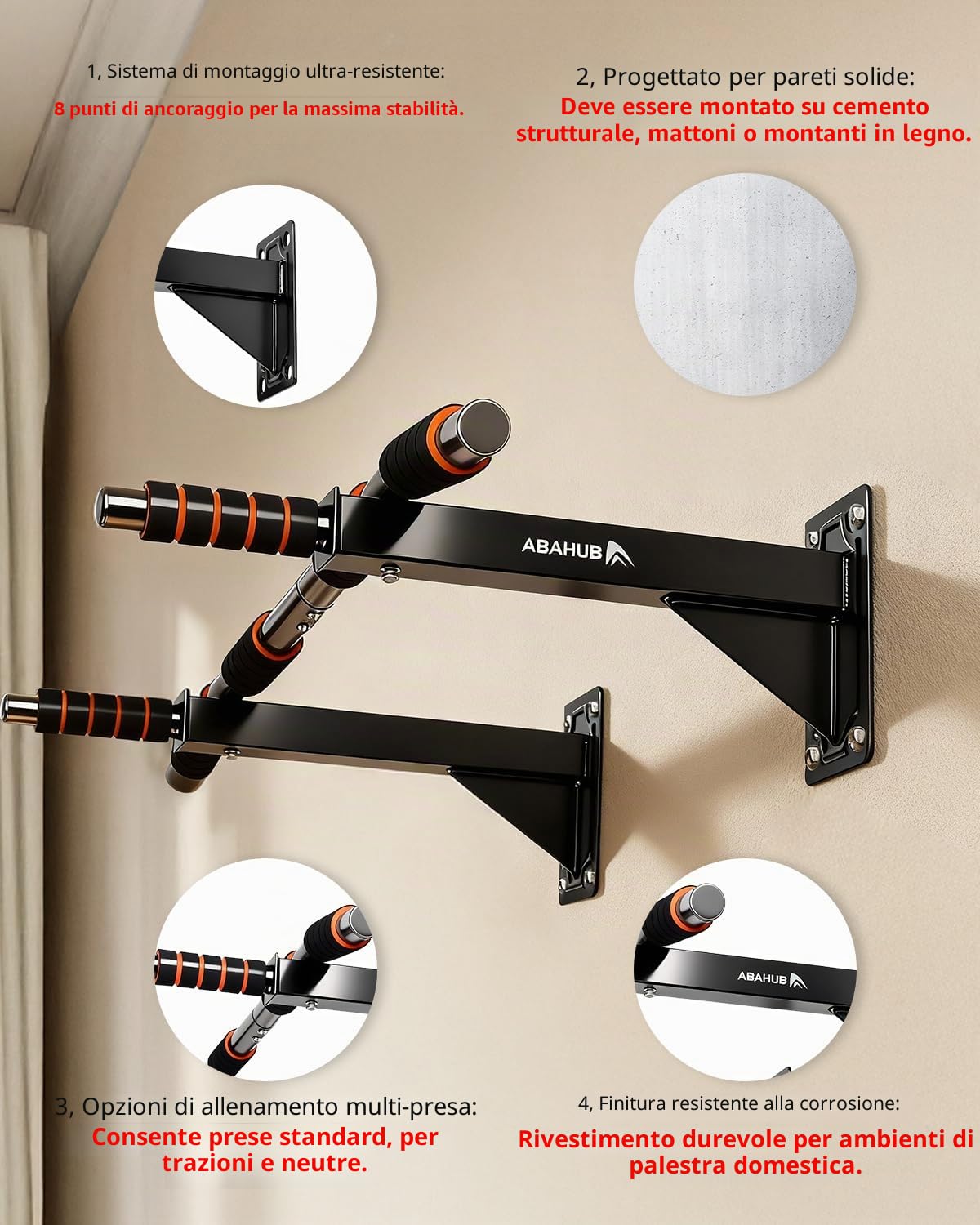 Abahub Barra per Trazioni a Muro 200kg, con Impugnature Multiple e Montaggio a Parete con Viti - Sbarra Pull Up Sicura e Stabile per Allenamento Intenso a Casa – Nero/Arancione
