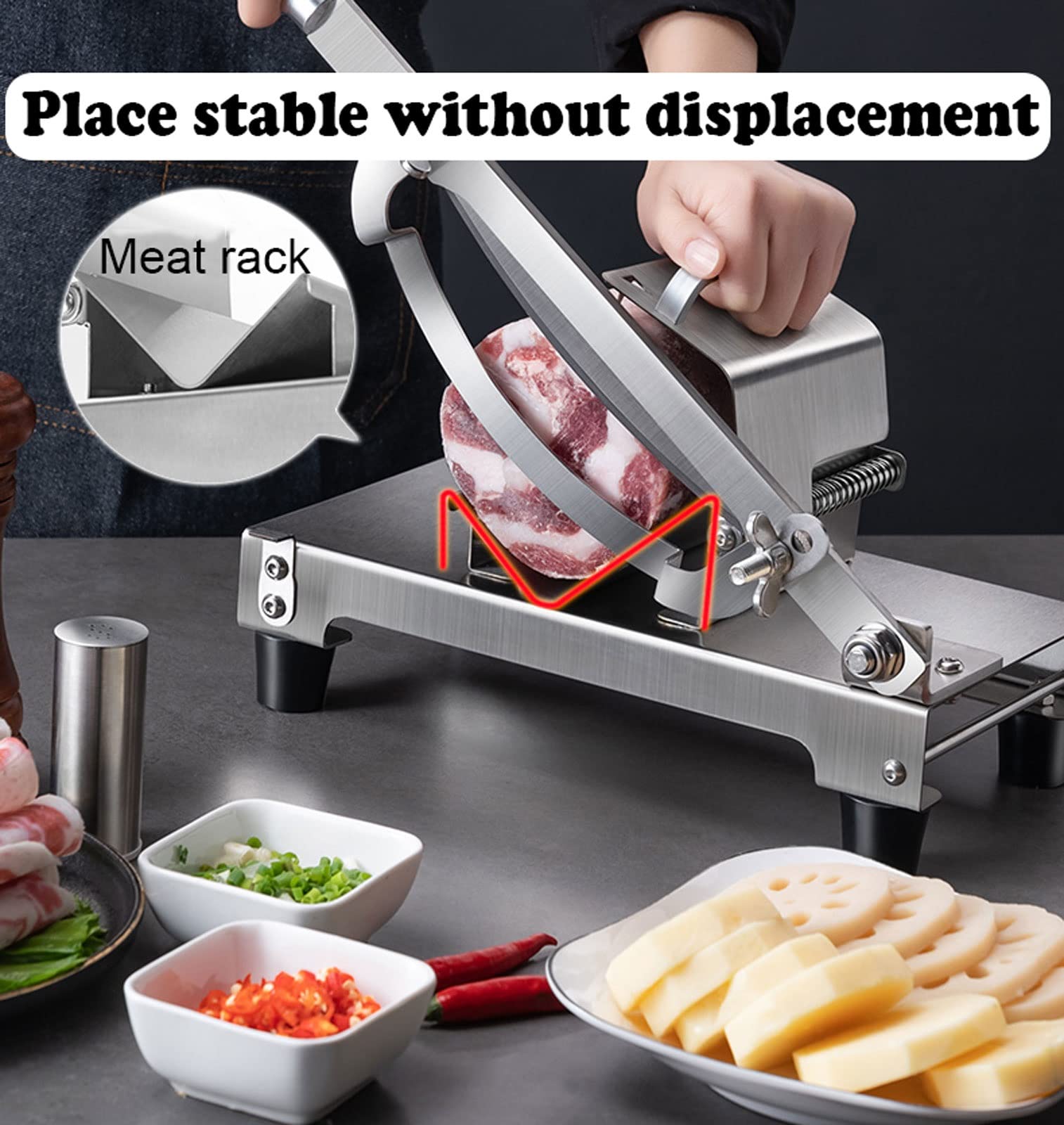 Affettatrice Manuale Salumi per Verdure Manzo e Montone Macchina in Acciaio Inox da Taglio Carne Congelata Spessore della Fetta Regolabile da 0.2-8mm, Nessuna Ruggine, Facile da Pulire