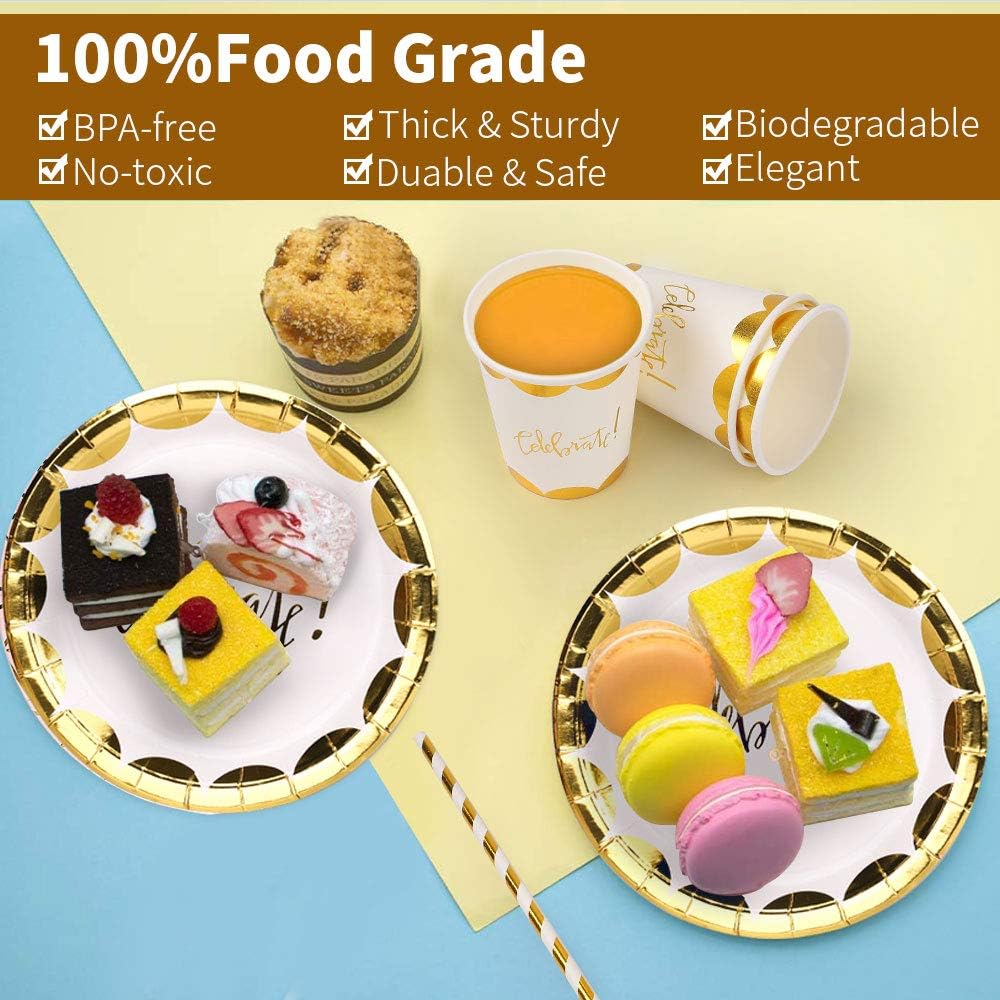 Exclusive Special White and Gold Party Supplies Set - 194 PCS Gold Paper Plates- 7” & 9” Disposable Dinnerware Set Dots Wedding Parties, Graduation,Birthday Review Product White and Gold Party Supplies Set - 194 PCS Gold Paper Plates- 7” & 9” Disposable Dinnerware Set Dots Wedding Parties, Graduation,Birthday