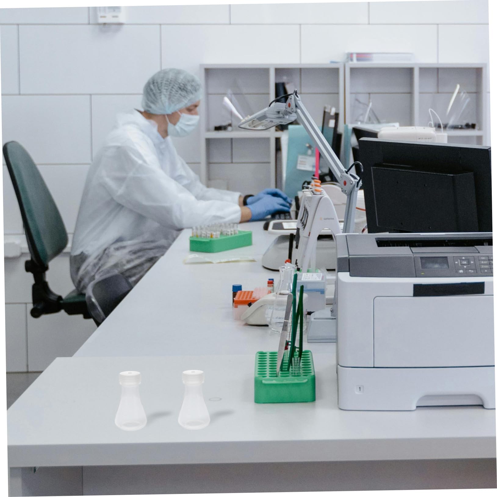 Hohopeti 5 pièces Lot de Flacons Erlenmeyer en Plastique avec Bouchon Fiole en Forme de Cône à Large Col et Fond Plat Stable et Sécurisé pour Laboratoire de Chimie Biologie et Médecine