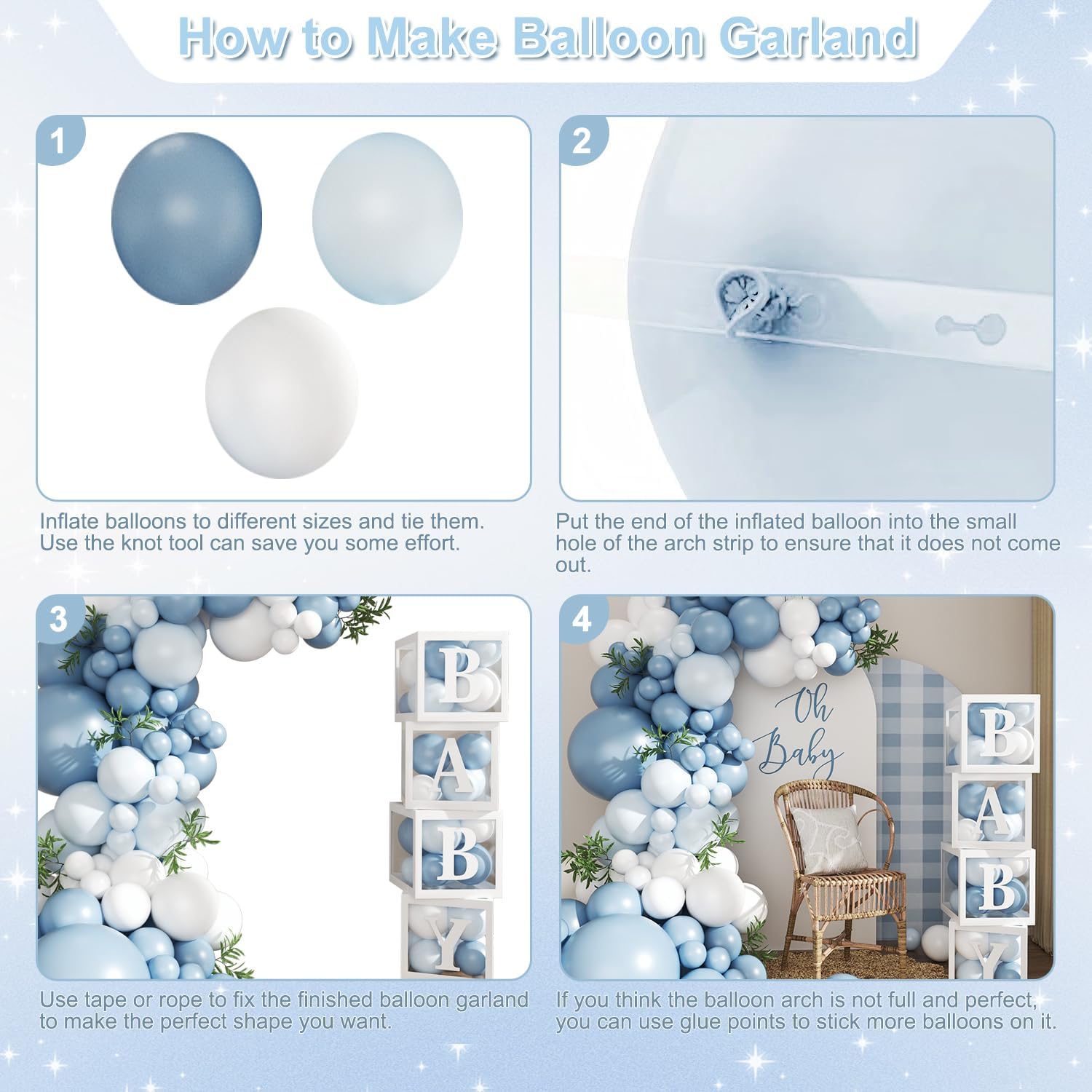 Dusty Blue Balloon Baby Shower Decorations for Boy, 132Pcs Blue Balloon Arch Garland Kit Baby Boxes with Letters for Boy Boho Baby Shower Gender Reveal Birthday Party Decorations