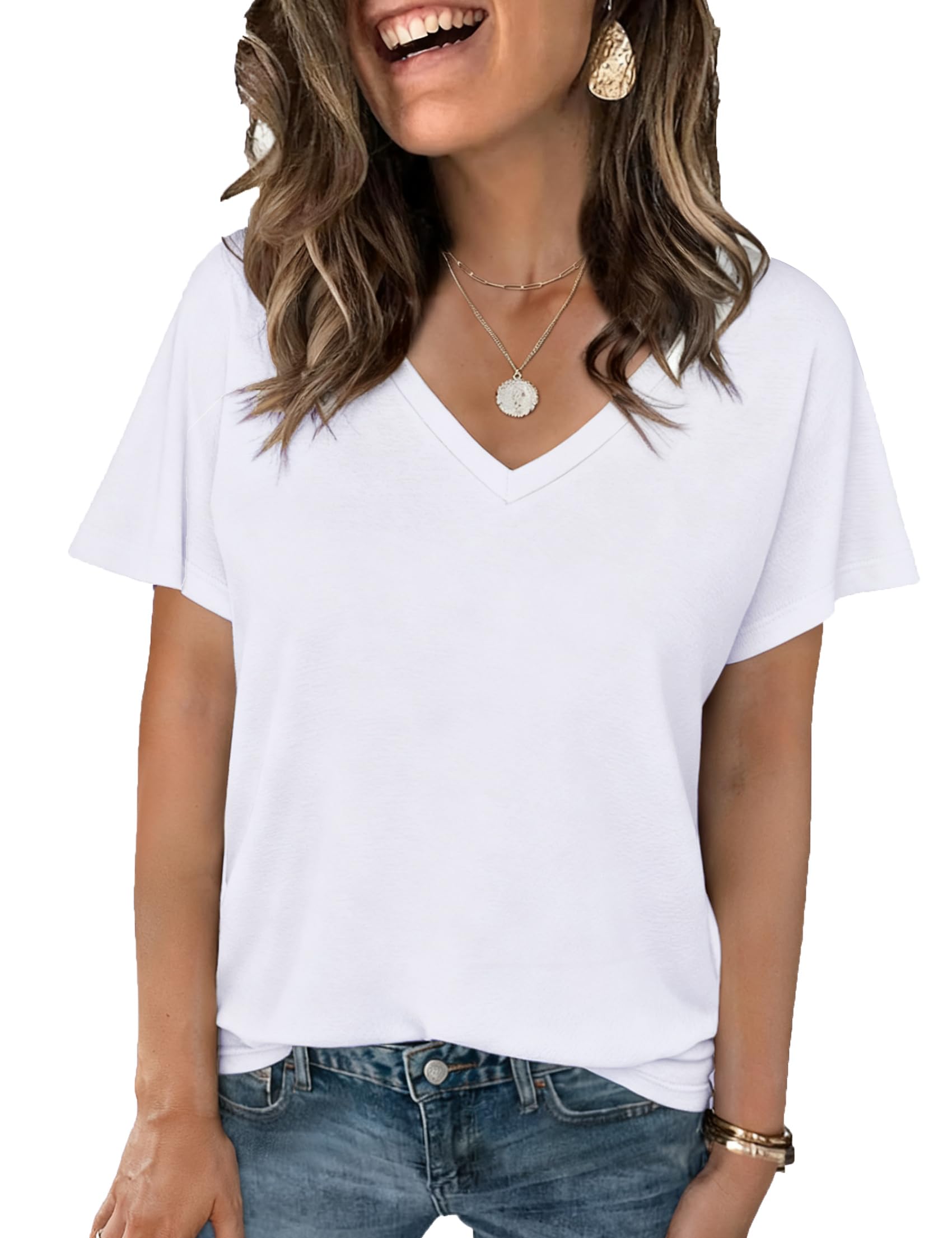 Crewhpo T Shirt Damen Kurzarm Einfarbige Shirts Sommer Basic Shirt Kurzärmeliges Casual Top Stretch Baumwolle Oberteile Lockeres Elegant