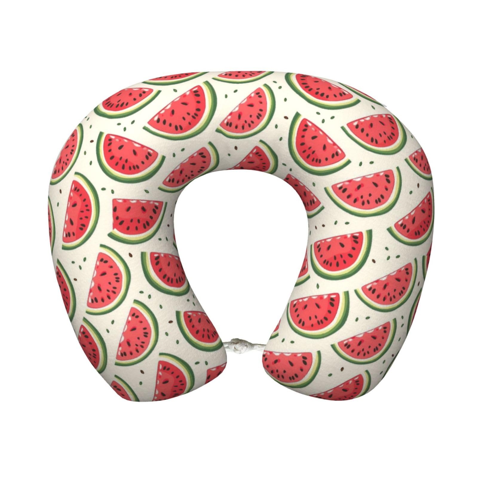 peiyeety Watermelon Print Travel Pillow Memory Foam, Portable Neck Pillow for Airplane, Car and Office