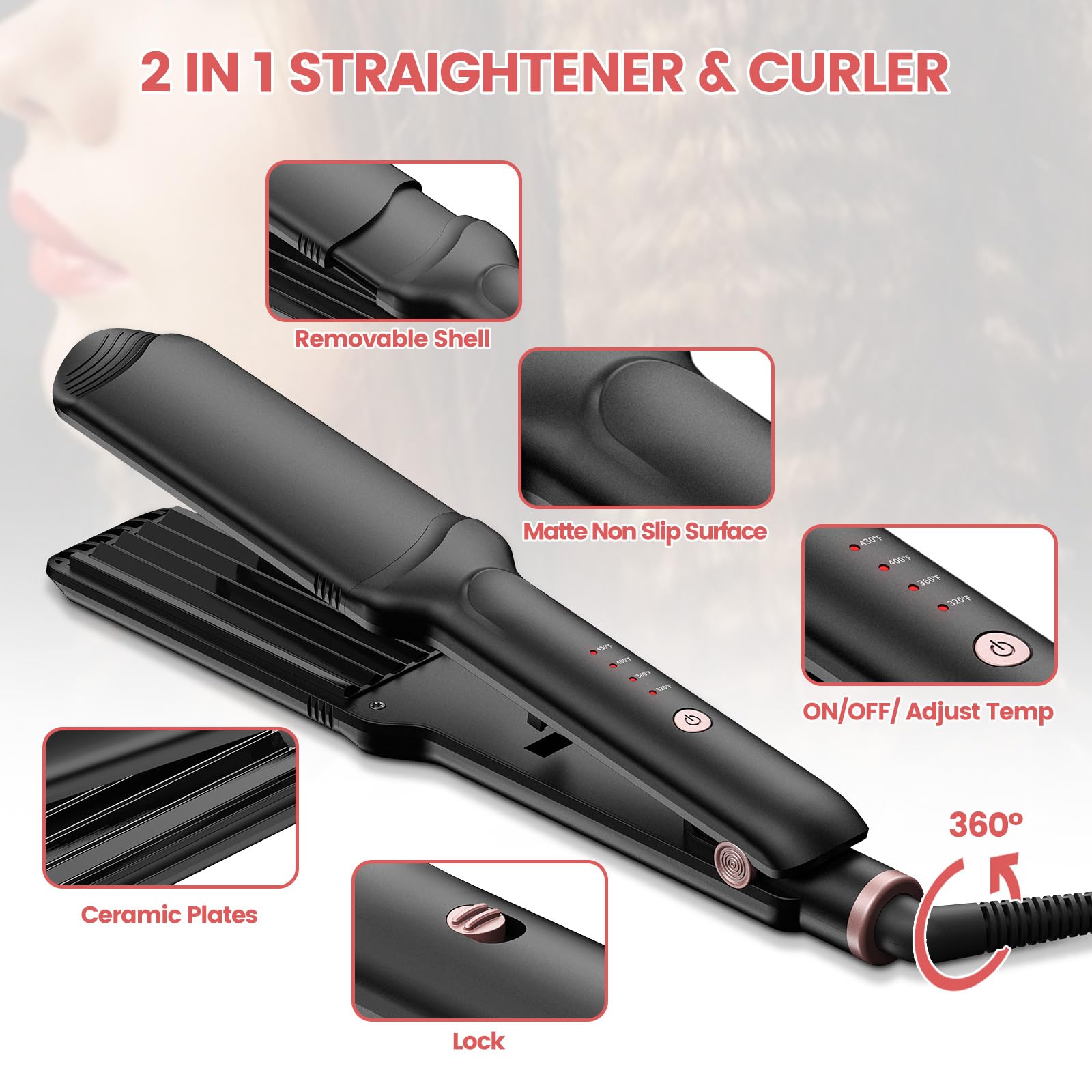 Sixriver Hair Crimper for Women Hair Waver Hair Straightener Curling Iron 4 in1 Flat Crimping Iron Plates Ceramic Waver Hair Tool Volumizing Crimper with 15s Fast Heating (Black)