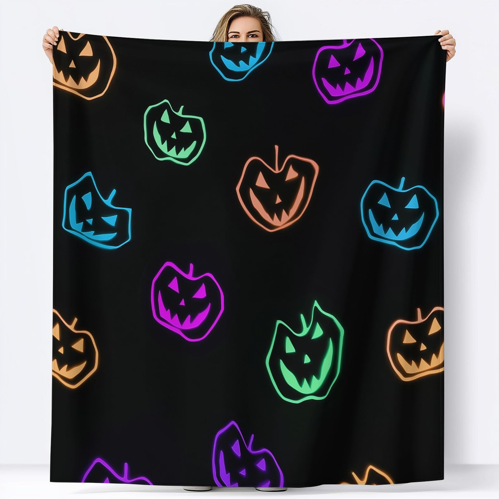 Ultracienki koc flanelowy w stylu kreskówkowym, 220 x 240 cm, pluszowy i ciepły, neonowy, z dynią, uśmiechniętą buźką, lekki koc na łóżko, pościel na sofę, podróż i dla dzieci i dorosłych