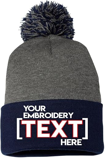 Custom Embroidered Pom Beanies - Add Your Text or Name - Personalized Winter Knit Cap Hats with Pom on Top