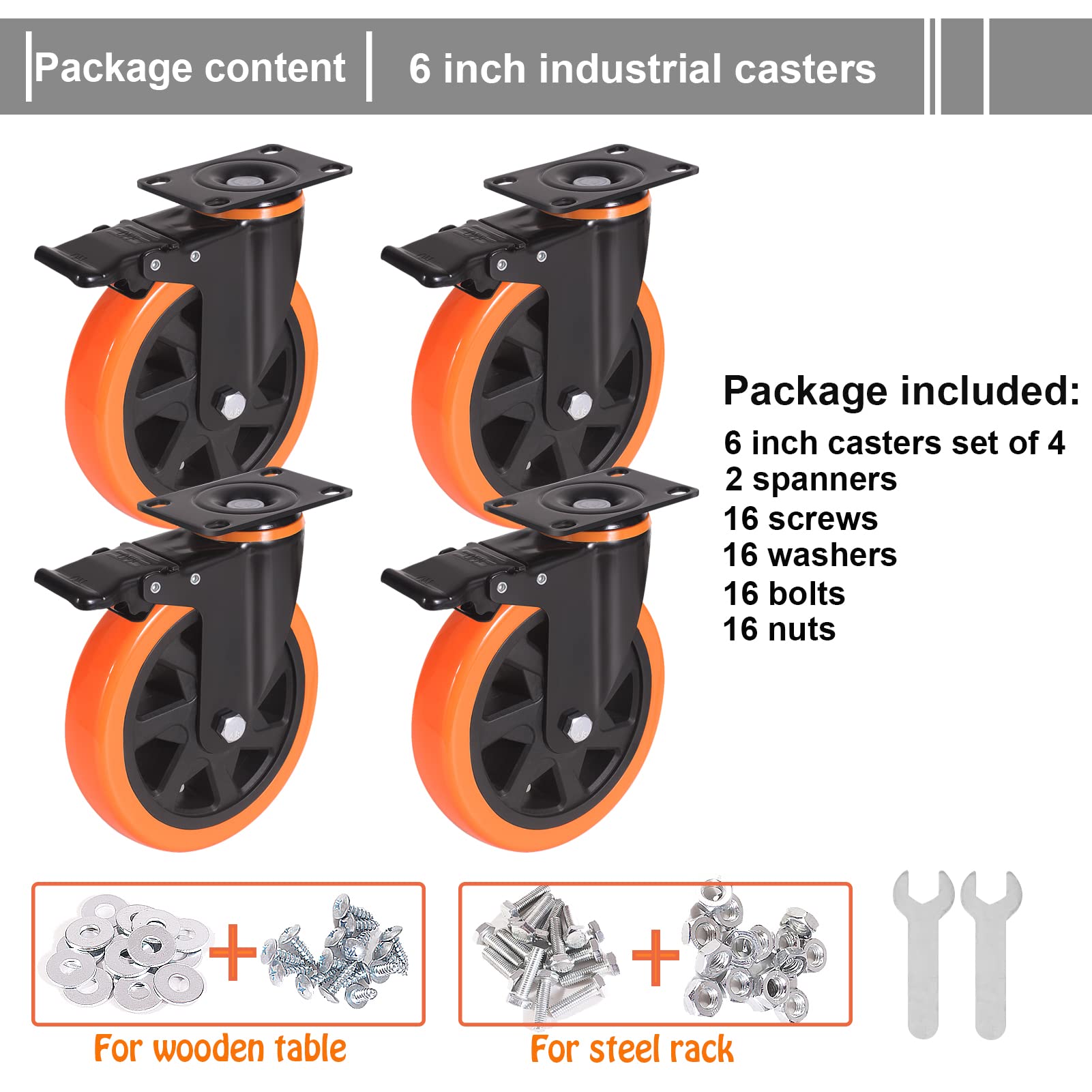 15,2 cm Lenkrollen, 1360,8 kg, robuste Rollen 4er-Set mit Bremse, Sicherheits-Doppelplattenverriegelung, industrielle Rollen, leise Räder für Wagen mit PU-Schaumstoff (zwei Hardware-Kits enthalten)