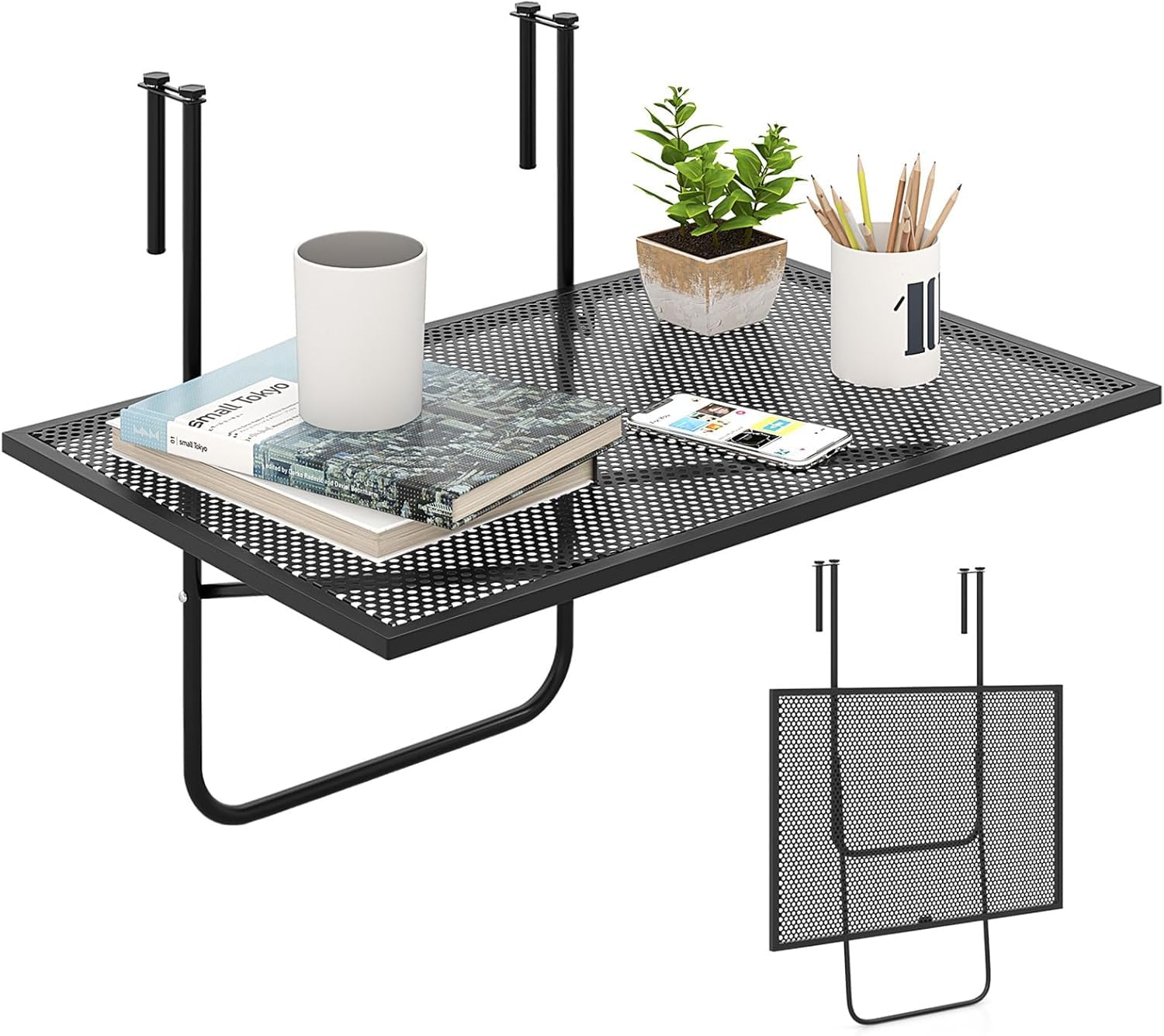 GIANTEX Table de Balcon Suspendue, Tableau en Maille, Table Pliante pour Balustrades jusqu'à 6 cm d'Épaisseur, Cadre en Métal, Support Triangulaire, pour Balcon, Terrasse, 60,5 x 50,5 x 51cm, Noir