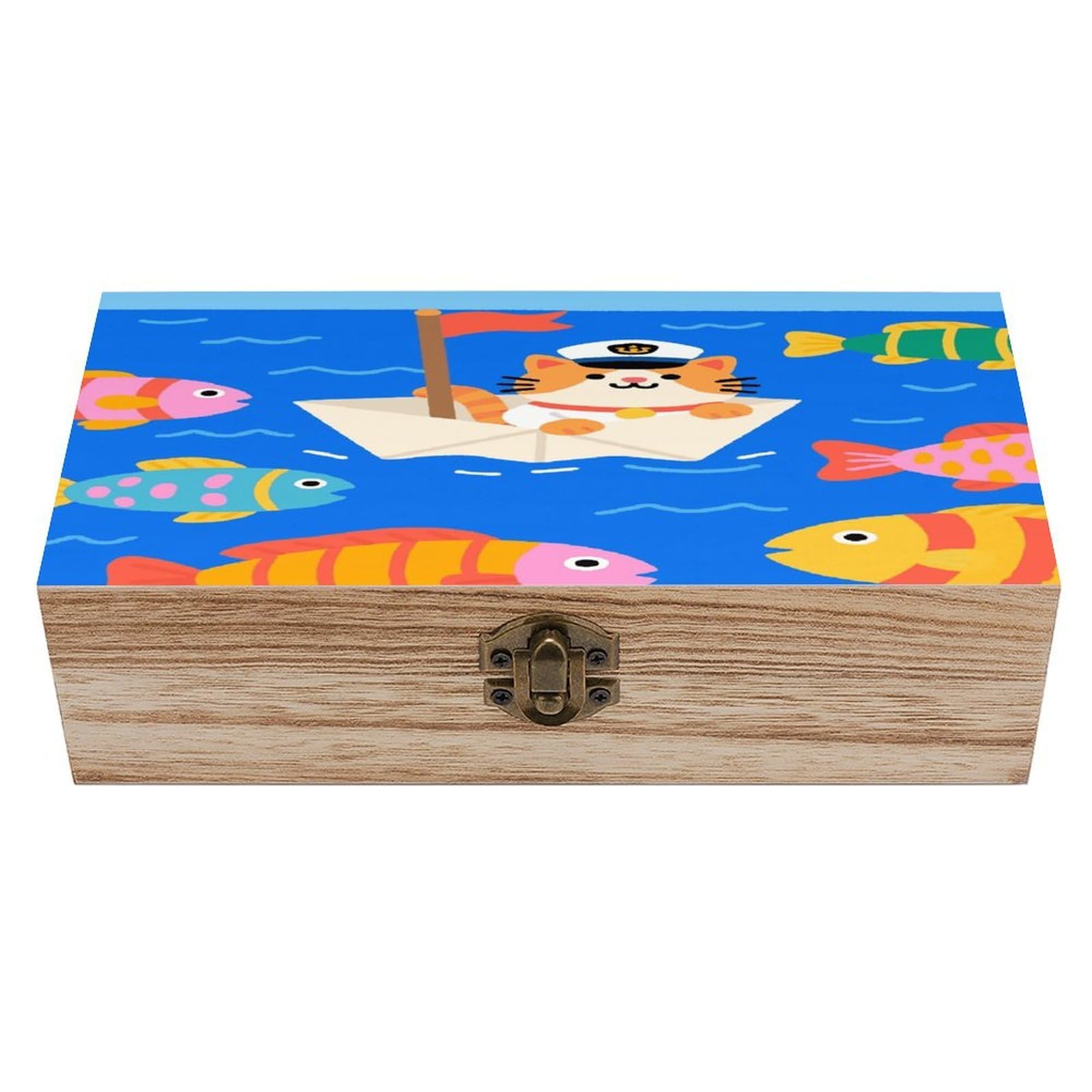 VstaDank Captain - Cat on Paper - Boat Wooden Storage Box Vintage Wood Box with Lid Large Wooden Jewelry Boxes DIY Wood Gift Boxes Exquisite Jewelry Case Art Stash Keepsake Storage Case